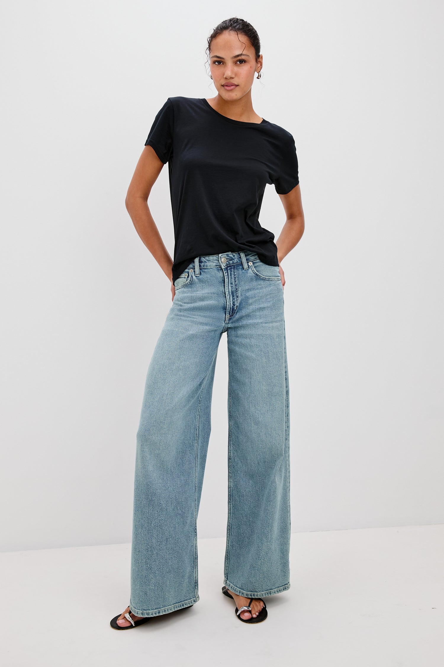 Angeleno mid right slouchy wide leg jean in light wash Blue Eyed Girl - full body front view on model