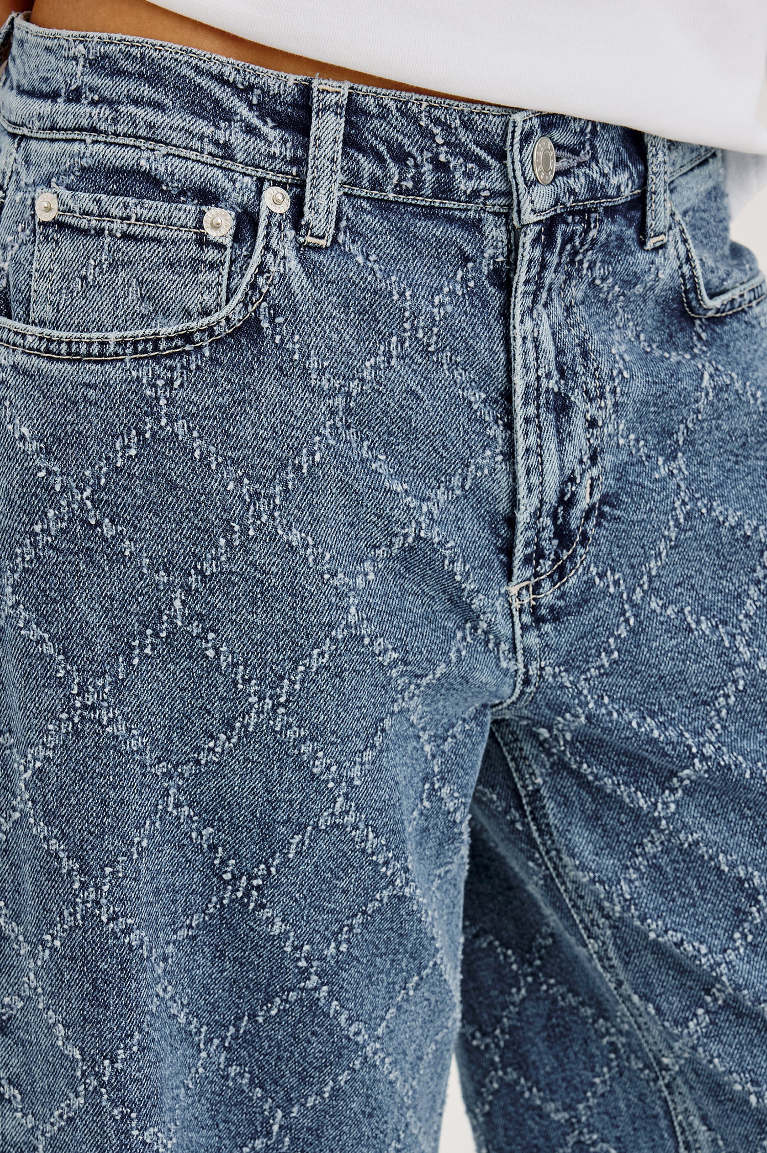Angeleno Wide Leg Crop Jean in Rigid Drapey Denim With Mid-Rise Cropped Fit, 5-Pockets, Self-Tie Shoelace Belt, Frayed Waistband, and Zip-and-Hook Closure in Dark Diamond Distress Colorway - Lower Body Close Up View Featured on Model