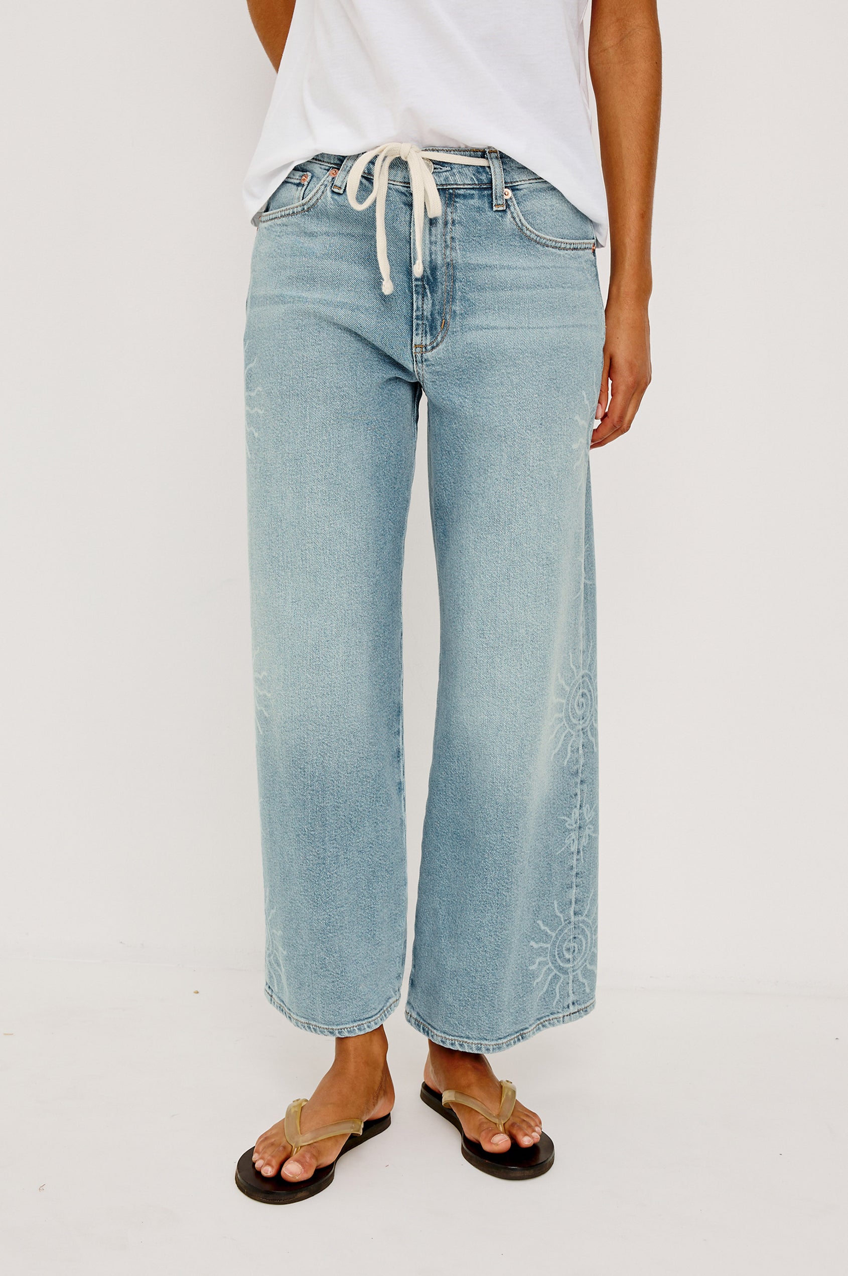 Angeleno Crop Wide Leg Jean in Rigid Denim With Slight Stretch, Mid-Rise, Front Zip Fly, and 5-Pockets in Soleil Laser Colorway - Lower Body Front VIew Featured on Model