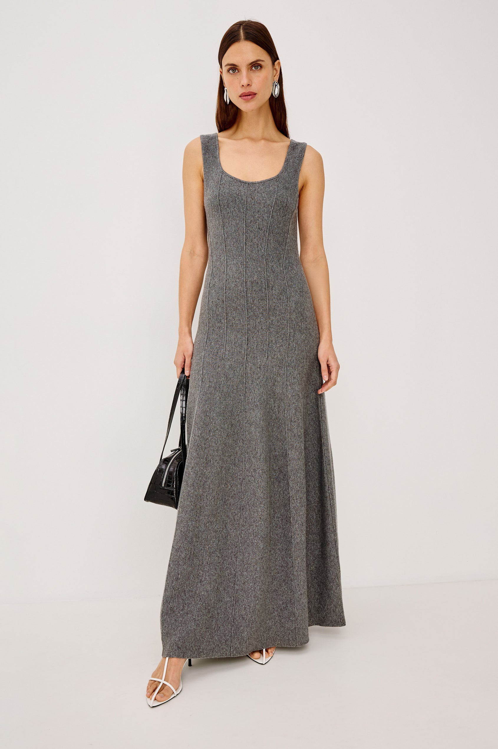 Angelica Maxi Dress in Soft Wool Blend With Fitted Bodice, Scoop Neck, Paneled Seams, and A-Line Sweep Skirt in Heather Grey Colorway - Full Body Front View Featured on Model