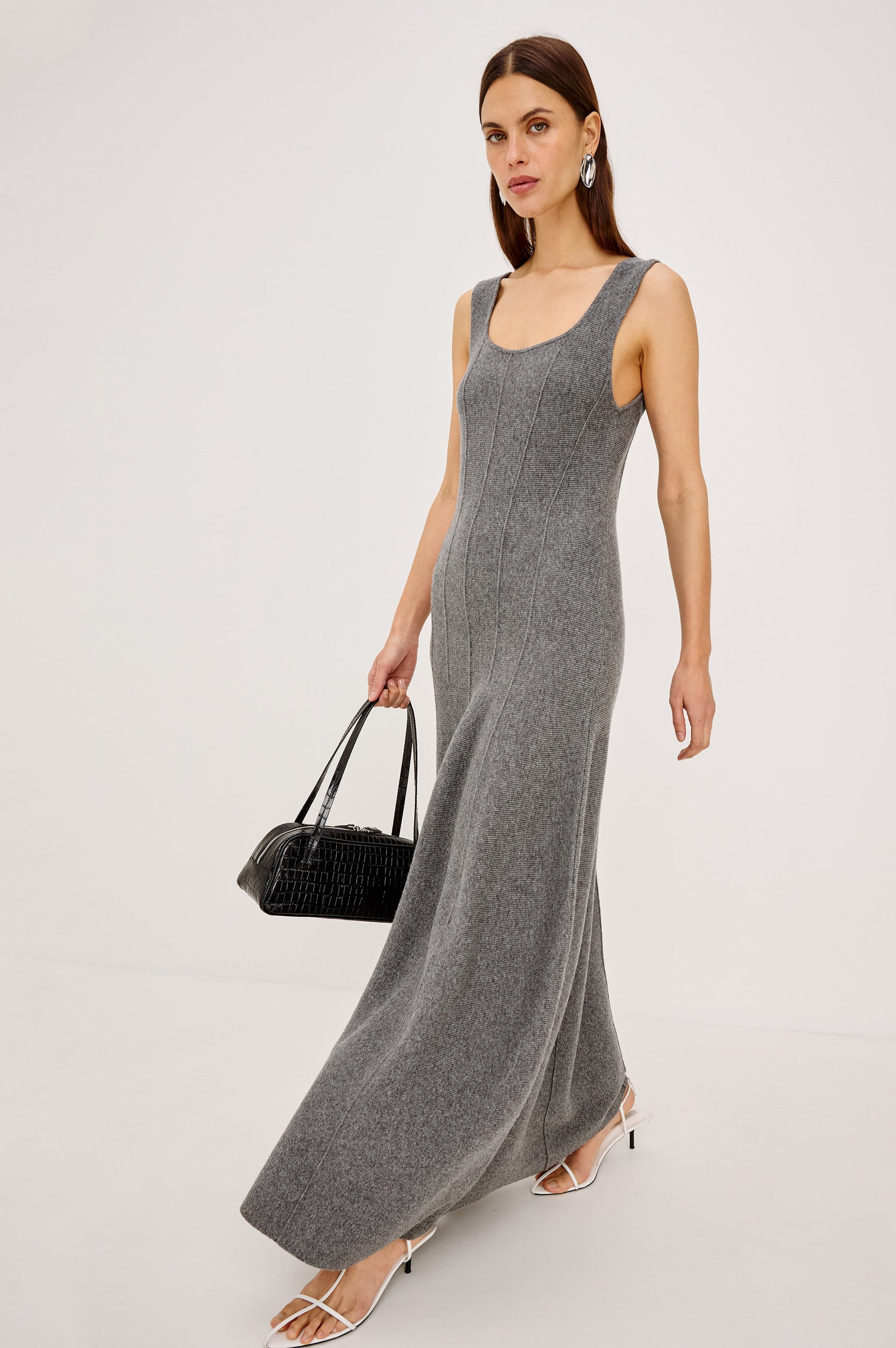 Angelica Maxi Dress in Soft Wool Blend With Fitted Bodice, Scoop Neck, Paneled Seams, and A-Line Sweep Skirt in Heather Grey Colorway - Full Body Front View Featured on Model