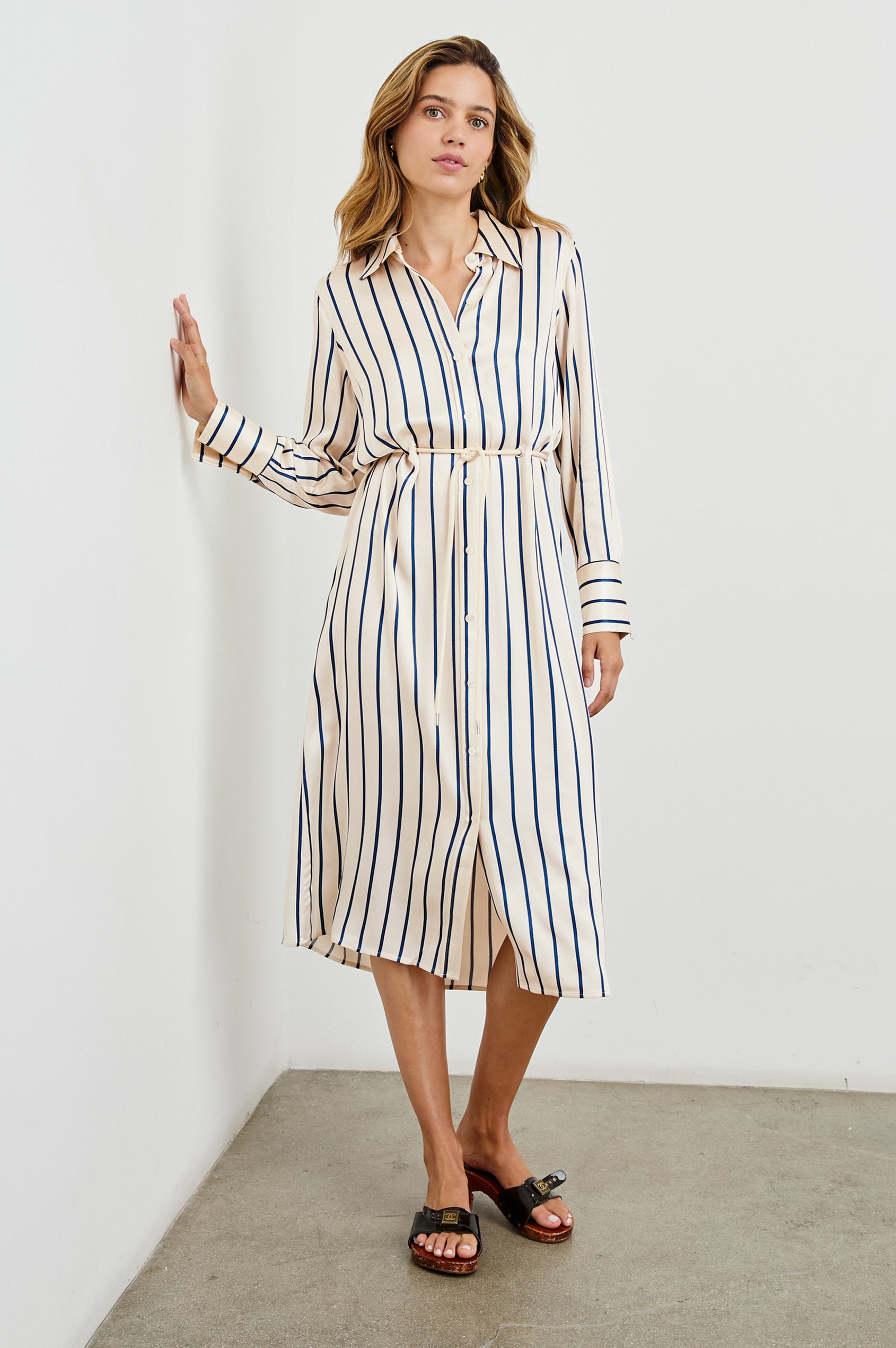 Anina Long-Sleeve Midi Dress with Buttons Down the Front, a Collar, Button Cuffs, and a Cord Belt in Ceramic Navy Stripe Colorway, Vertical Stripes - Front Full Body View Featured on Model