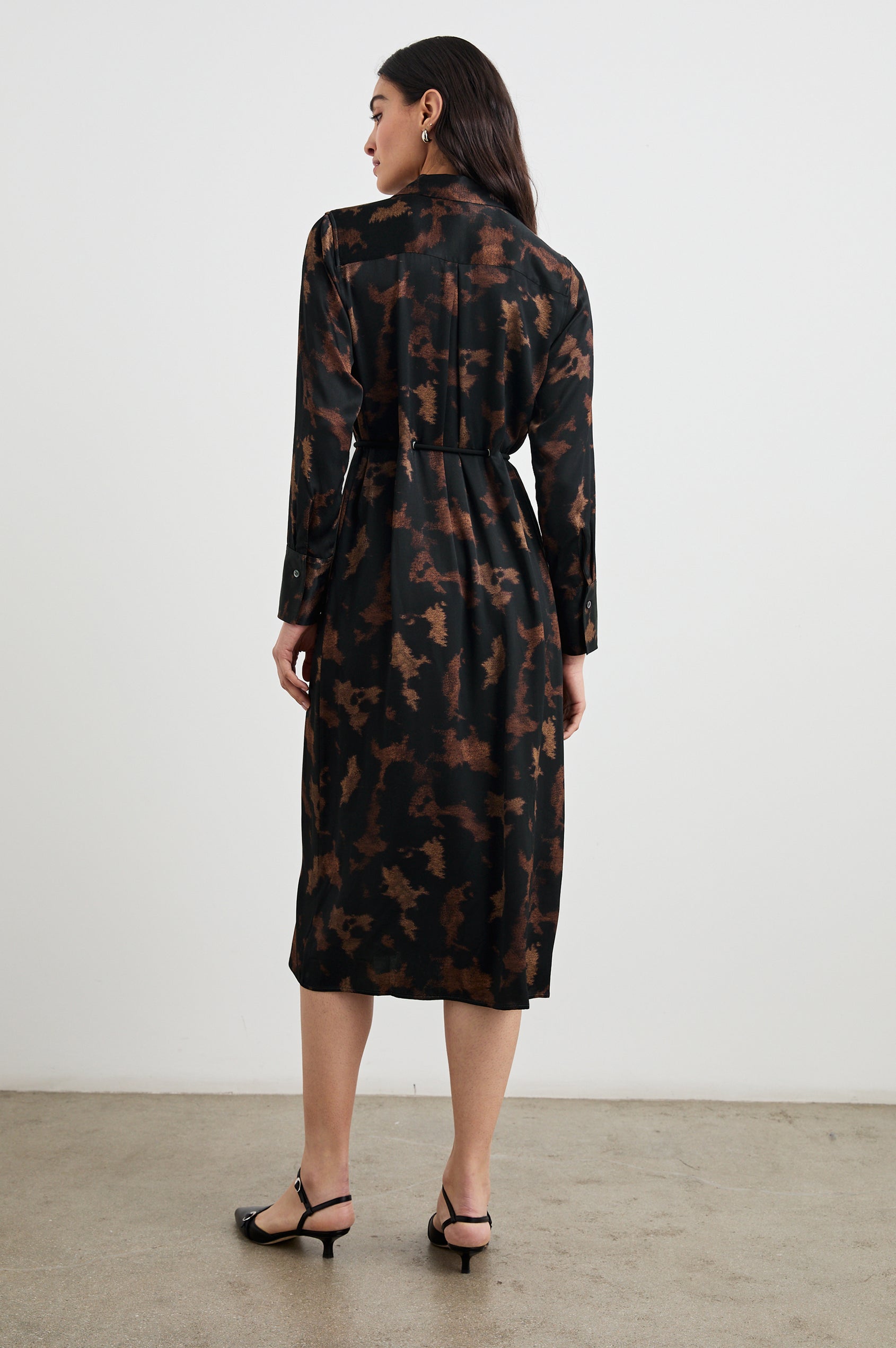 Anina Long-Sleeve Midi Dress with Buttons Down the Front, a Collar, Button Cuffs, and a Cord Belt in Diffused Sandstone Colorway, a pattern in black and browns - Back Full Body View Featured on Model