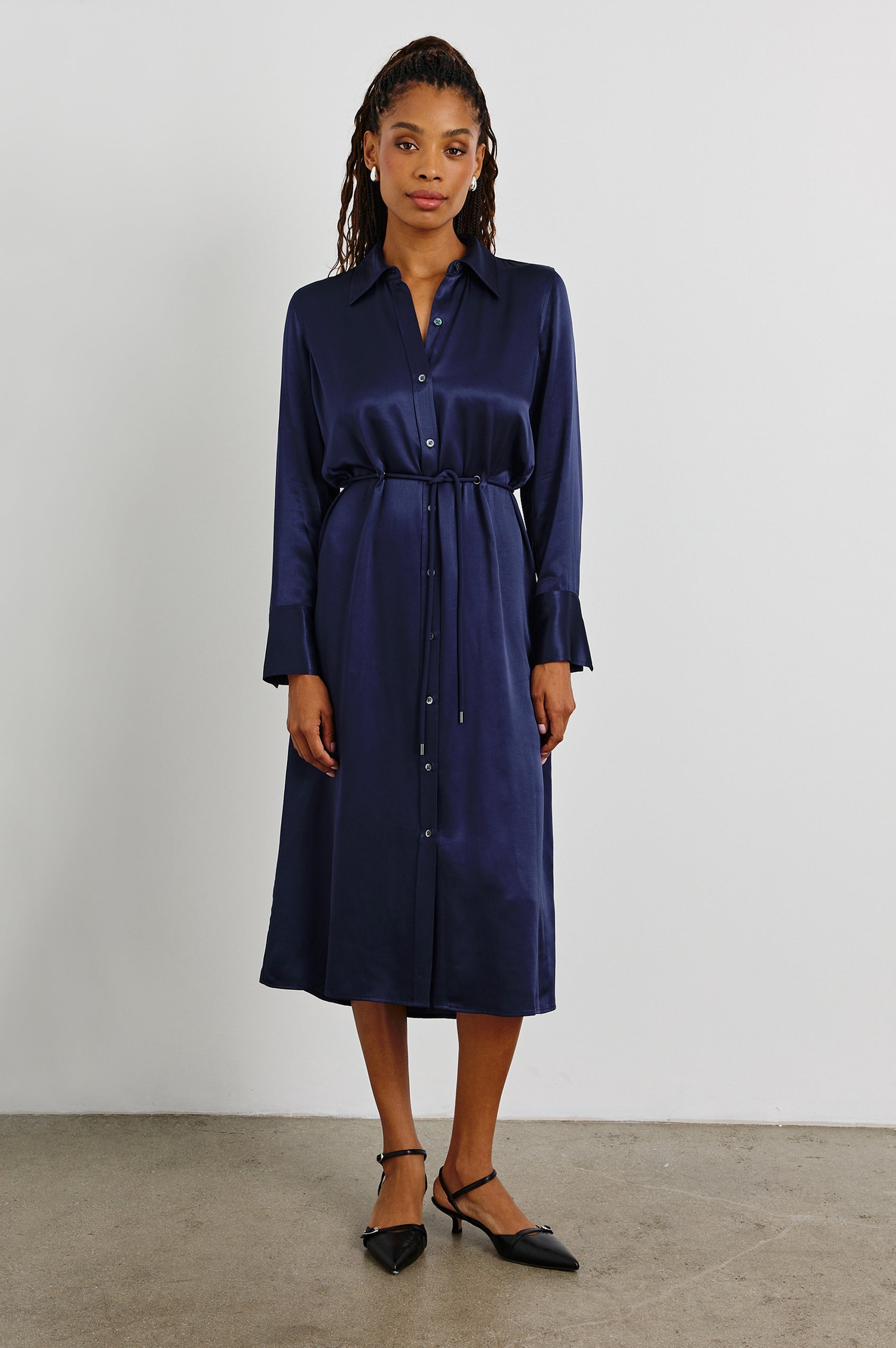 Anina Long-Sleeve Midi Dress with Buttons Down the Front, a Collar, Button Cuffs, and a Cord Belt in Navy Colorway - Front Full Body View Featured on Model