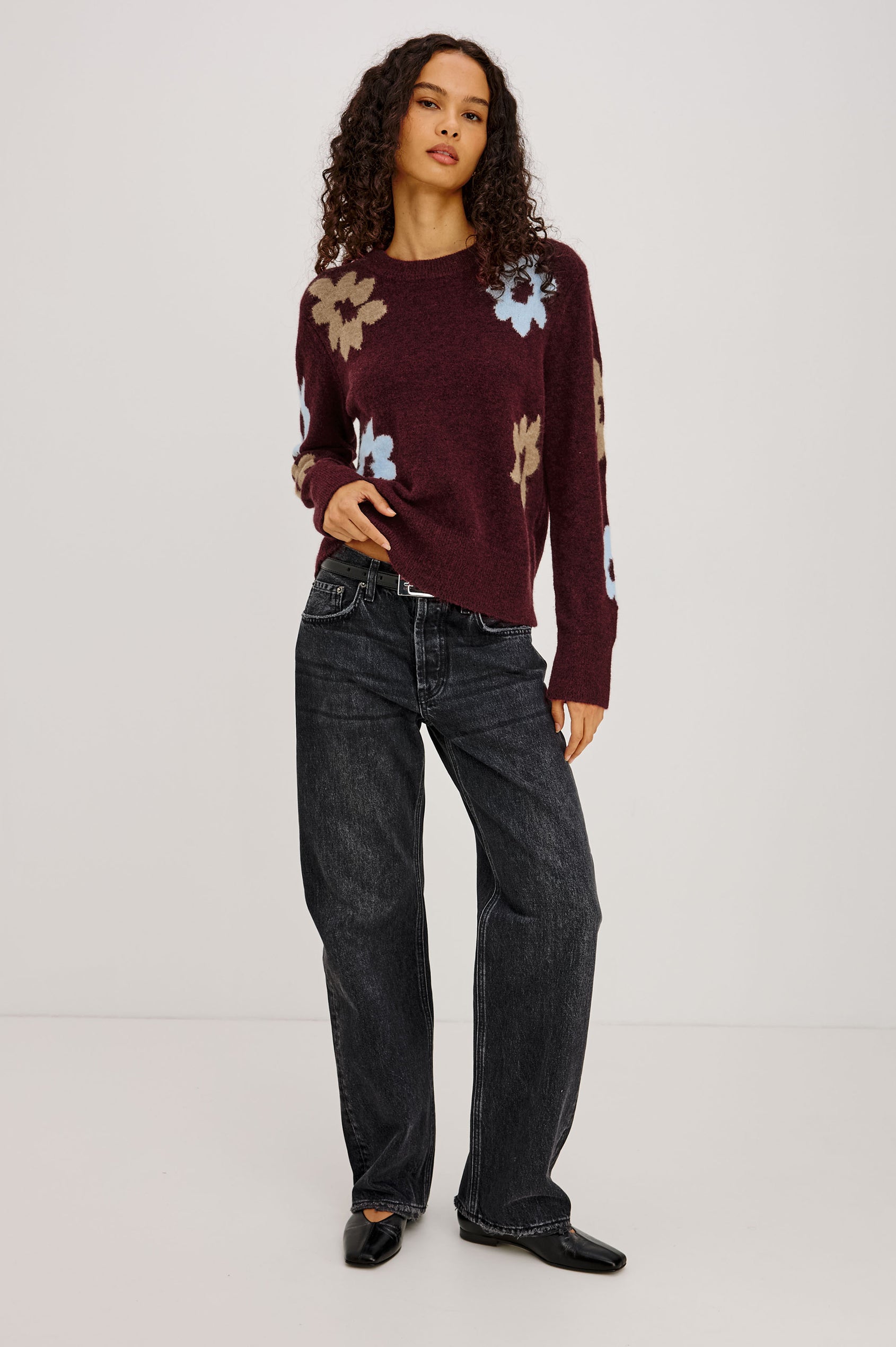 Anise Sweater in Wool-Cashmere Blend With Slightly Cropped Fit, Floral Intarsia All Over, and Ribbed Trim in Burgundy Sunflower Colorway - Full Body Front View Featured on Model
