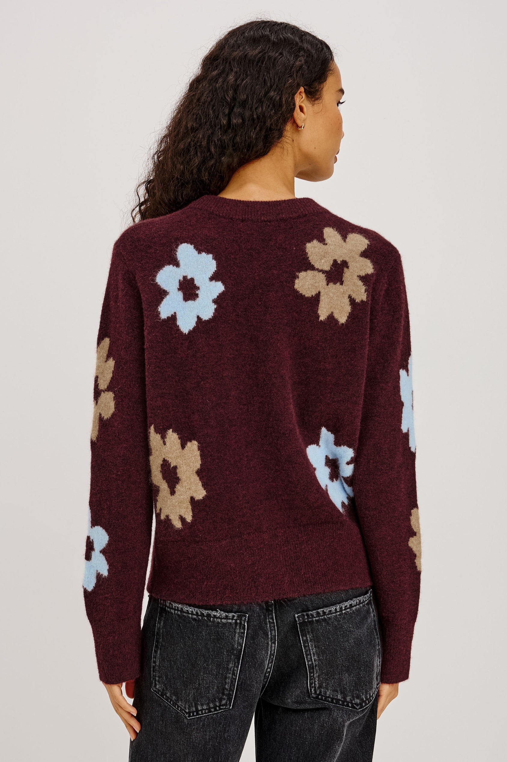 Anise Sweater in Wool-Cashmere Blend With Slightly Cropped Fit, Floral Intarsia All Over, and Ribbed Trim in Burgundy Sunflower Colorway - Upper Body Back View Featured on Model