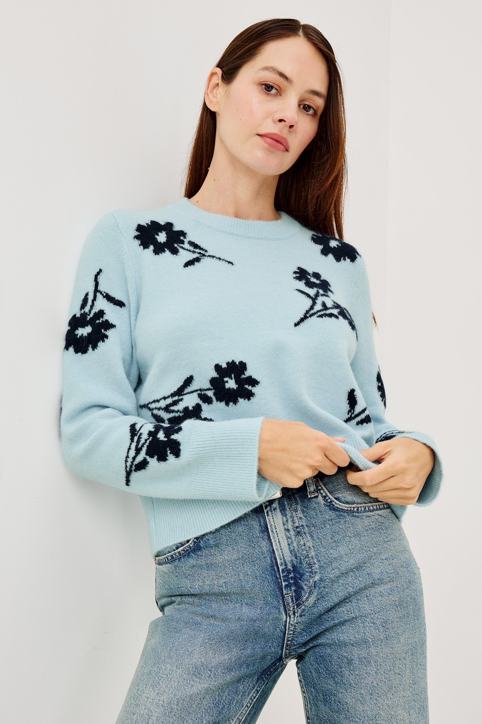 Anise Sweater in Wool Blend With Contrast Floral Motifs, Crew Neckline, Long Sleeves, and Relaxed Boxy Fit in Winter Blue Floral Colorway - Upper Body Front View Featured on Model
