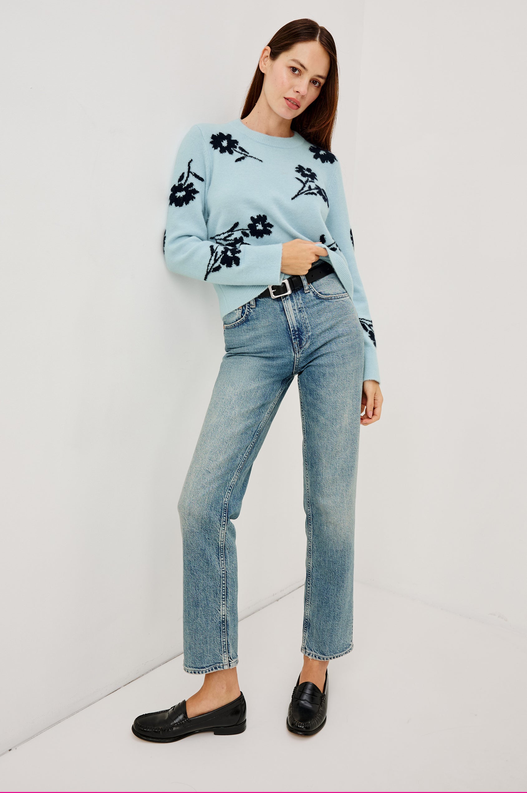 Anise Sweater in Wool Blend With Contrast Floral Motifs, Crew Neckline, Long Sleeves, and Relaxed Boxy Fit in Winter Blue Floral Colorway - Full Body Front View Featured on Model