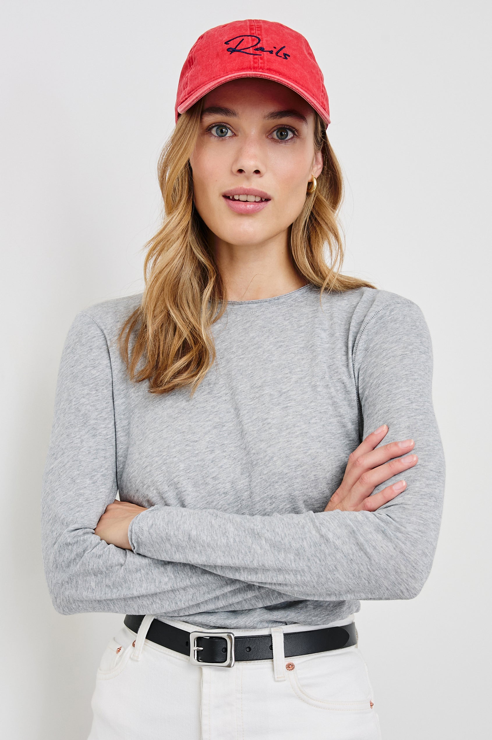 Anniversary Baseball Cap with an Adjustable Back Strap, Front Text, Rails, and Back Text, Est 2009, in Washed Red Colorway, with Blue Text - Front View Featured on Model