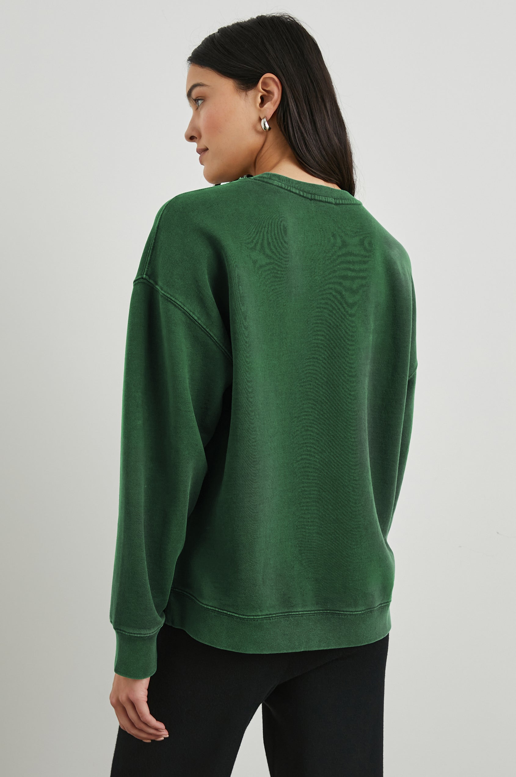 Anniversary Sweatshirt with Crewneck, Text States, Rails Los Angeles Est 2009, in Forest Colorway with White Letters - Back View Featured on Model 