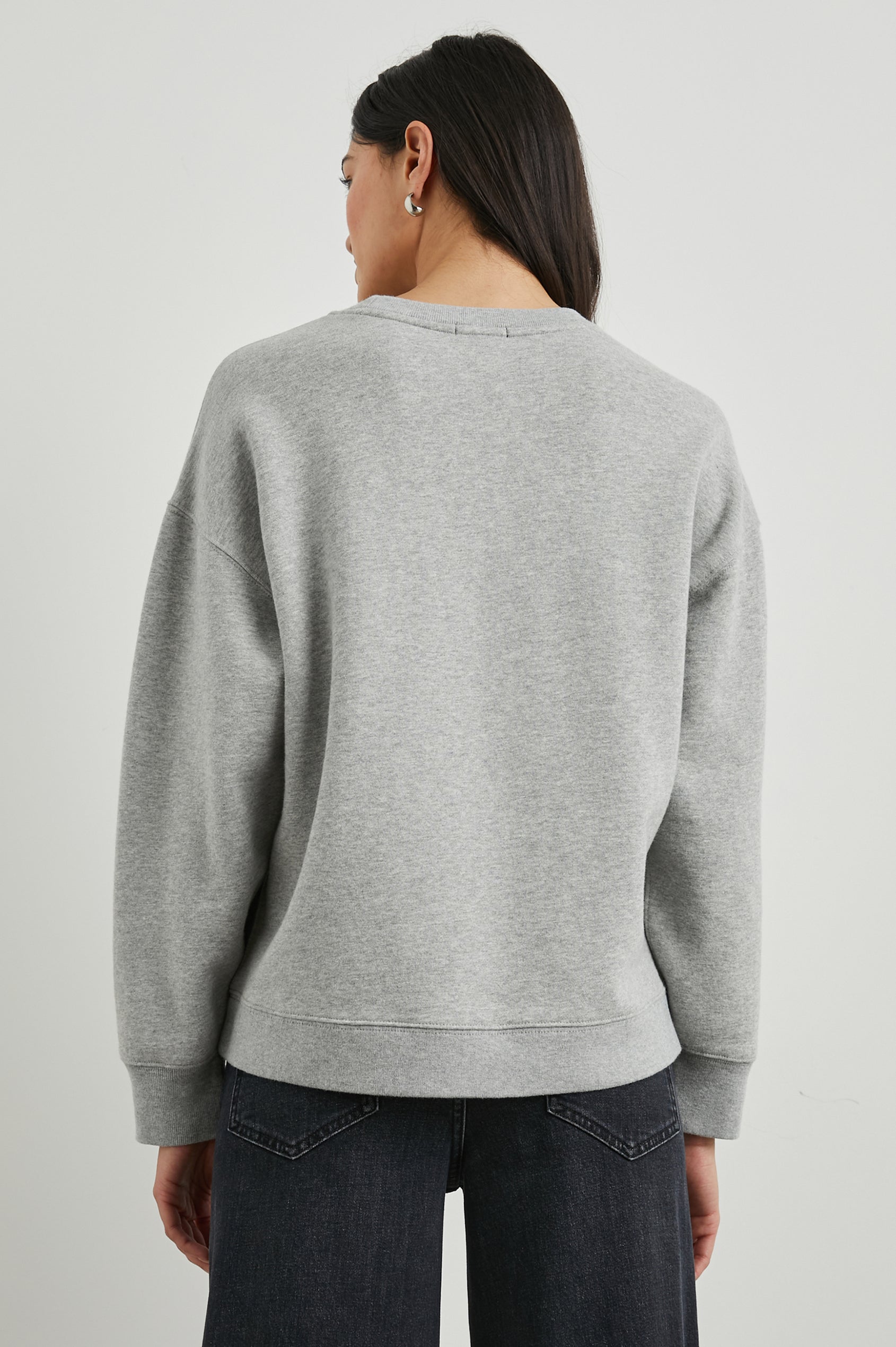 Anniversary Sweatshirt with Crewneck, Text States, Rails Los Angeles Est 2009, in Heather Grey Colorway with White Letters - Back View Featured on Model 