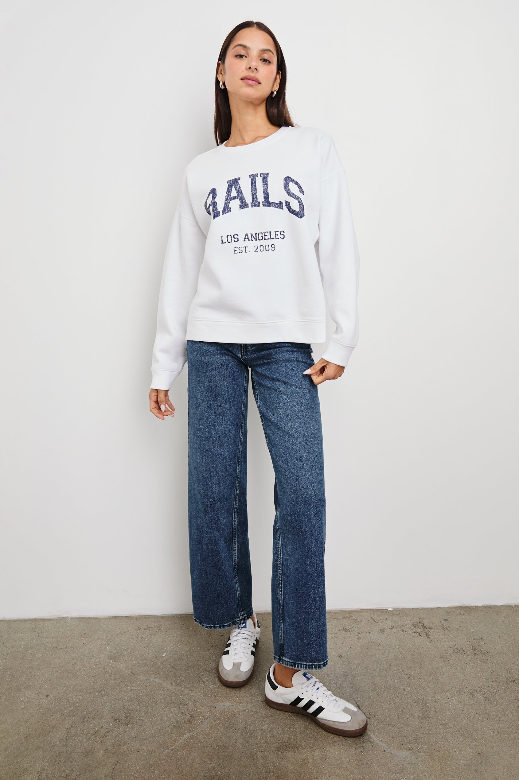 Anniversary Sweatshirt with Crewneck, Text States, Rails Los Angeles Est 2009, in Ivory Colorway with Navy Letters - Front Full Body View Featured on Model 