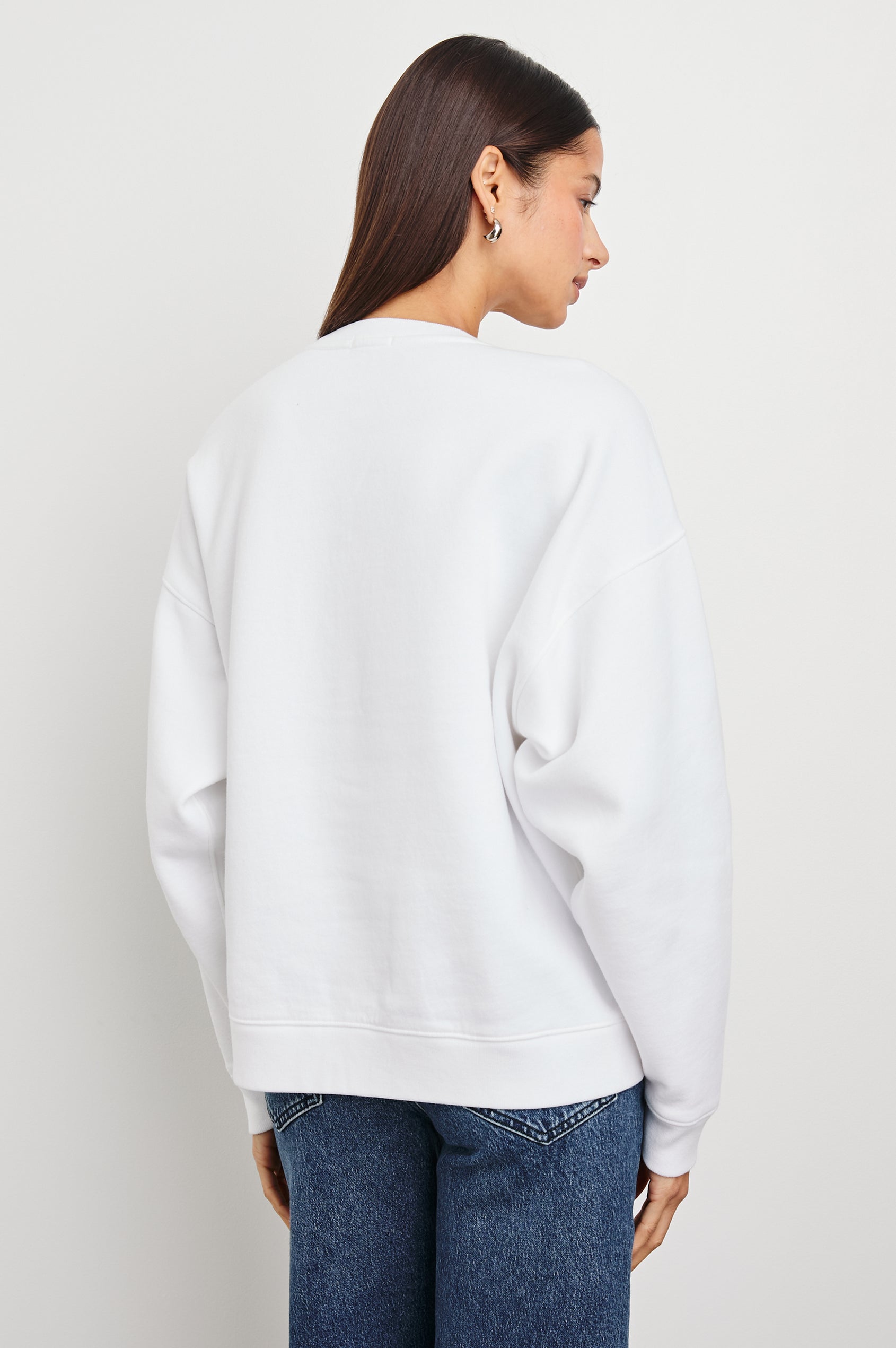 Anniversary Sweatshirt with Crewneck, Text States, Rails Los Angeles Est 2009, in Ivory Colorway with Navy Letters - Back View Featured on Model 
