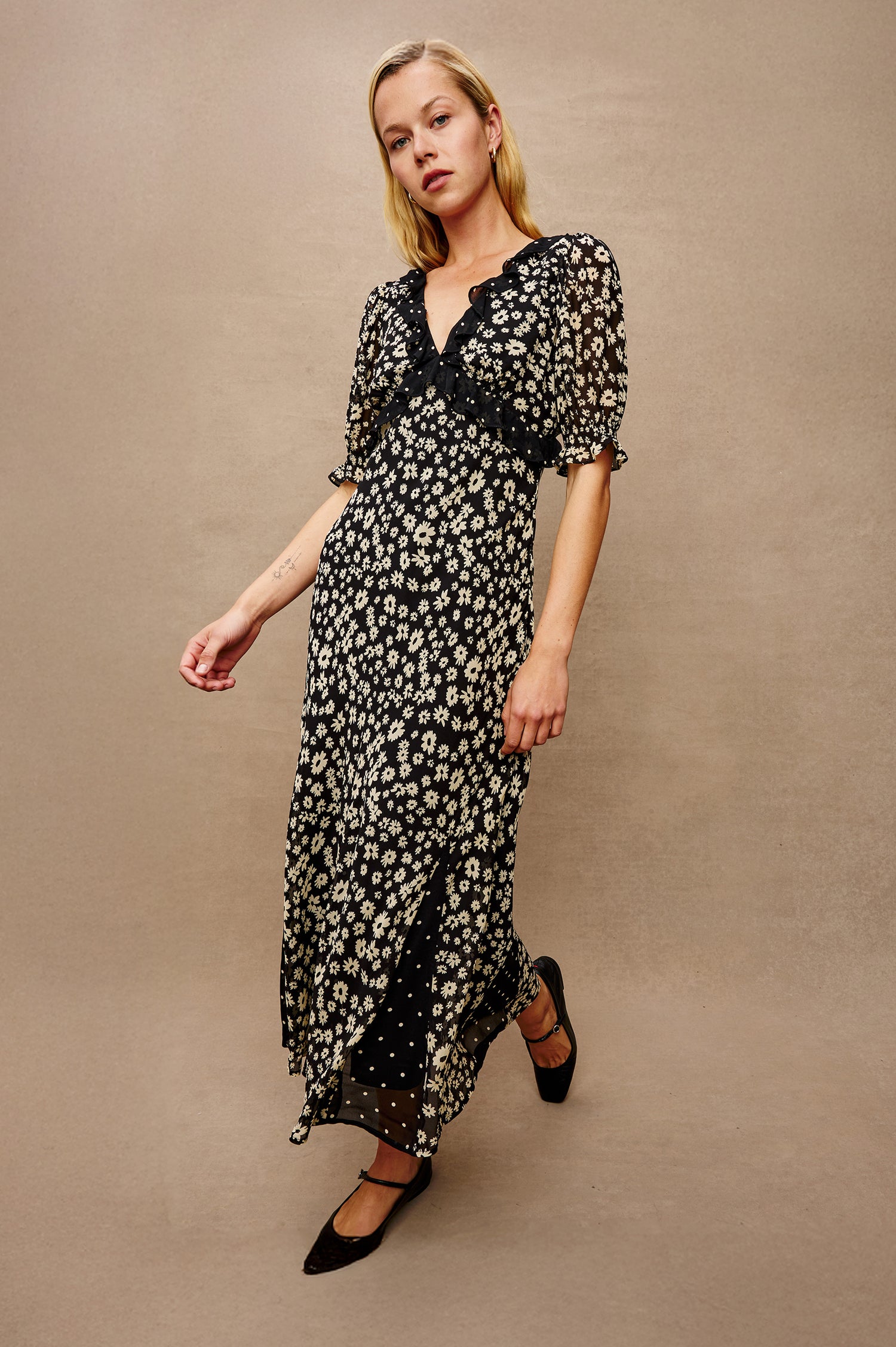 Annmarie midi dress in Daisy Dot Combo, featuring a feminine mix of floral and polka dot patterns - front full body view featured on model.