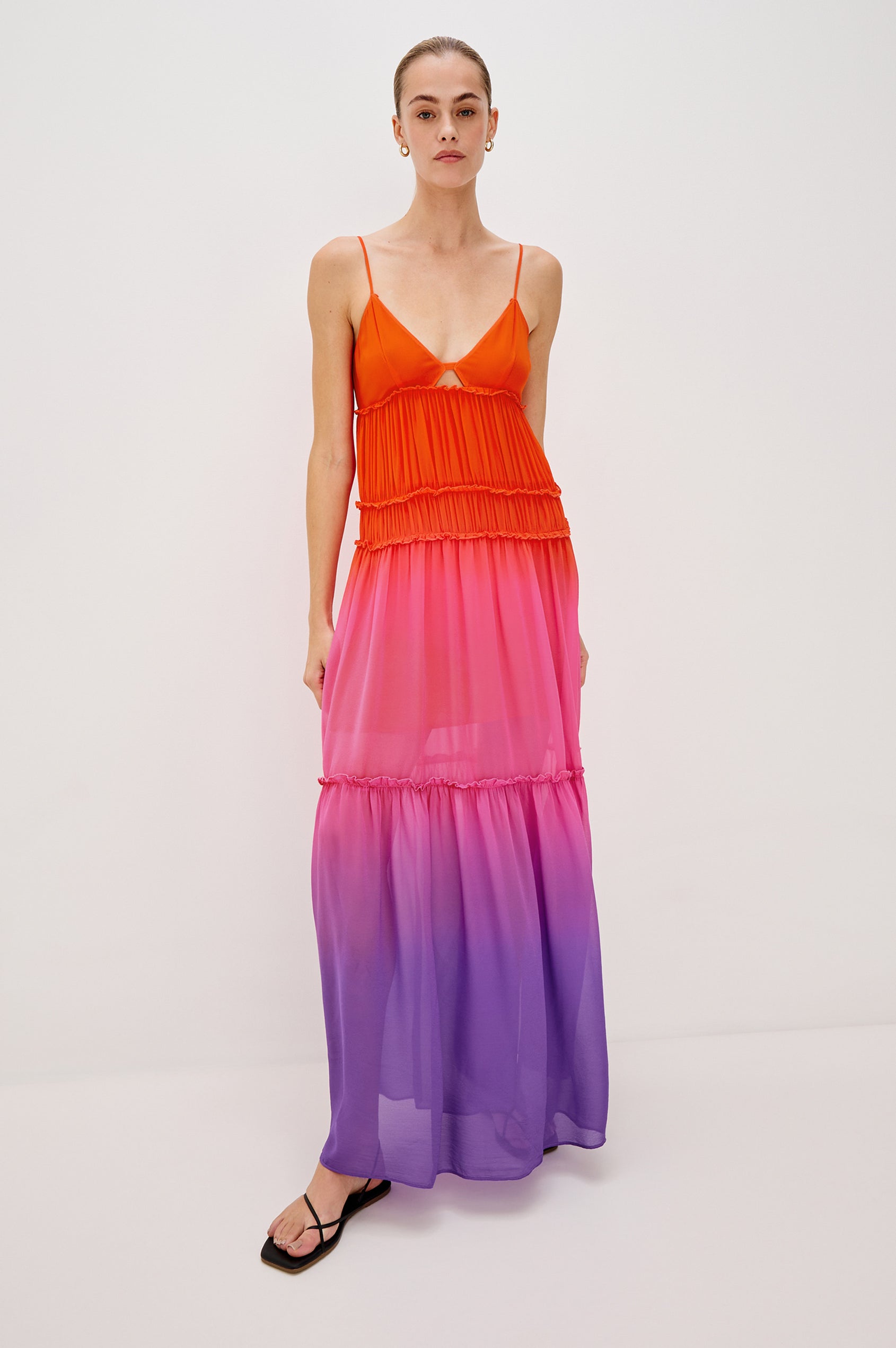 Antonella Maxi Dress with Spaghetti Straps, V-Neck, Keyhole at Center Front, Tiered Skirt with Exposed Raw Ends in Violet Dip Dye Colorway. Full Body Front View Shown on Model.