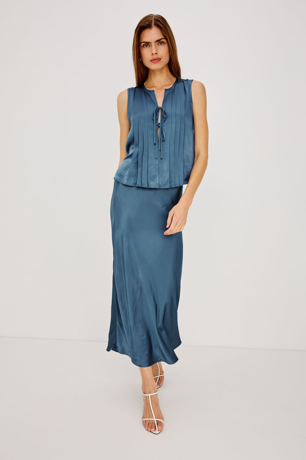 Anya Midi Skirt in Satin-Back Crepe, High-Rise Elastic Waistband, Pull-On FIt in Atlantic Colorway - Full Body Front View Featured on Model