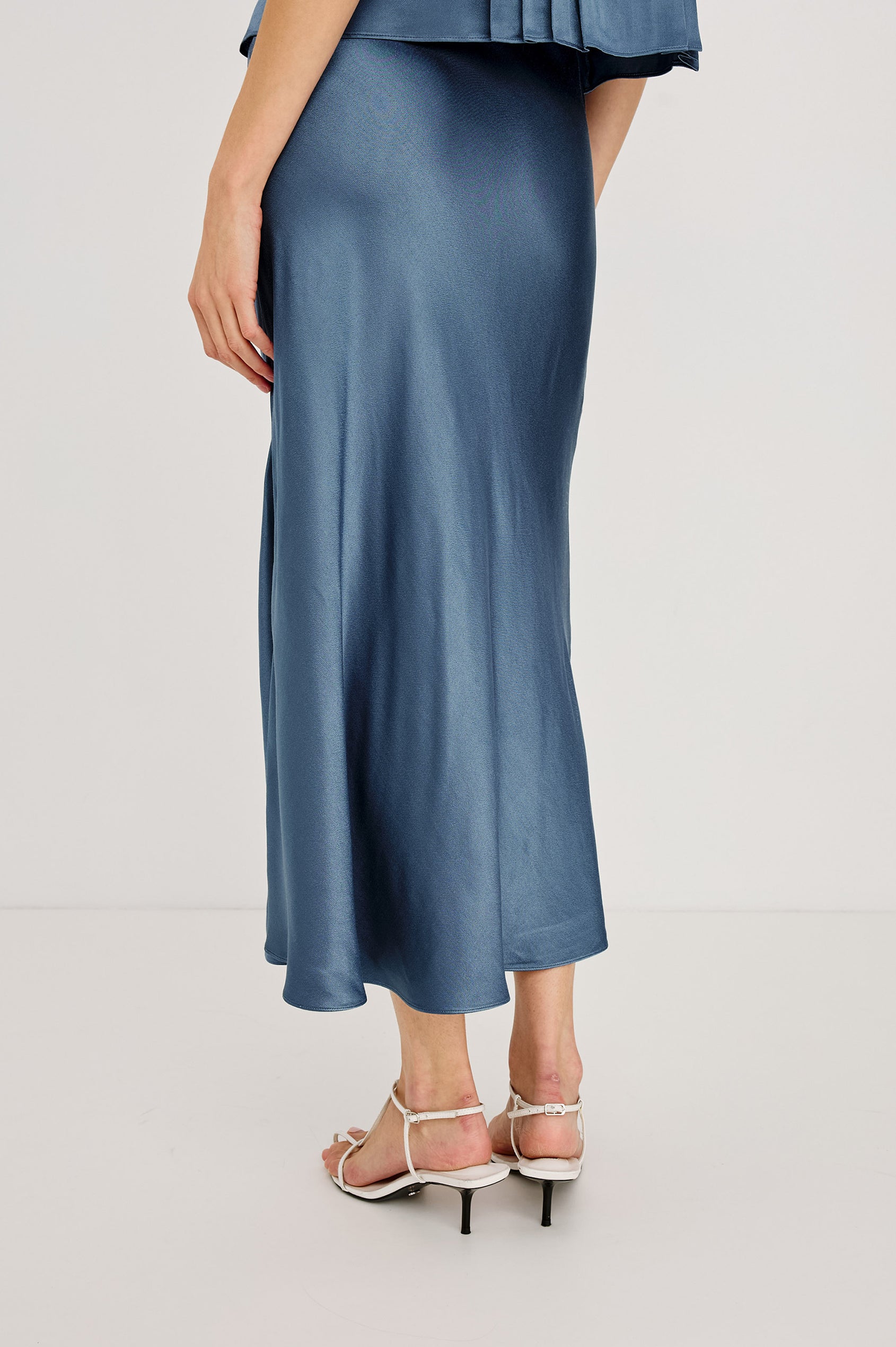Anya Midi Skirt in Satin-Back Crepe, High-Rise Elastic Waistband, Pull-On FIt in Atlantic Colorway - Lower Body Back View Featured on Model