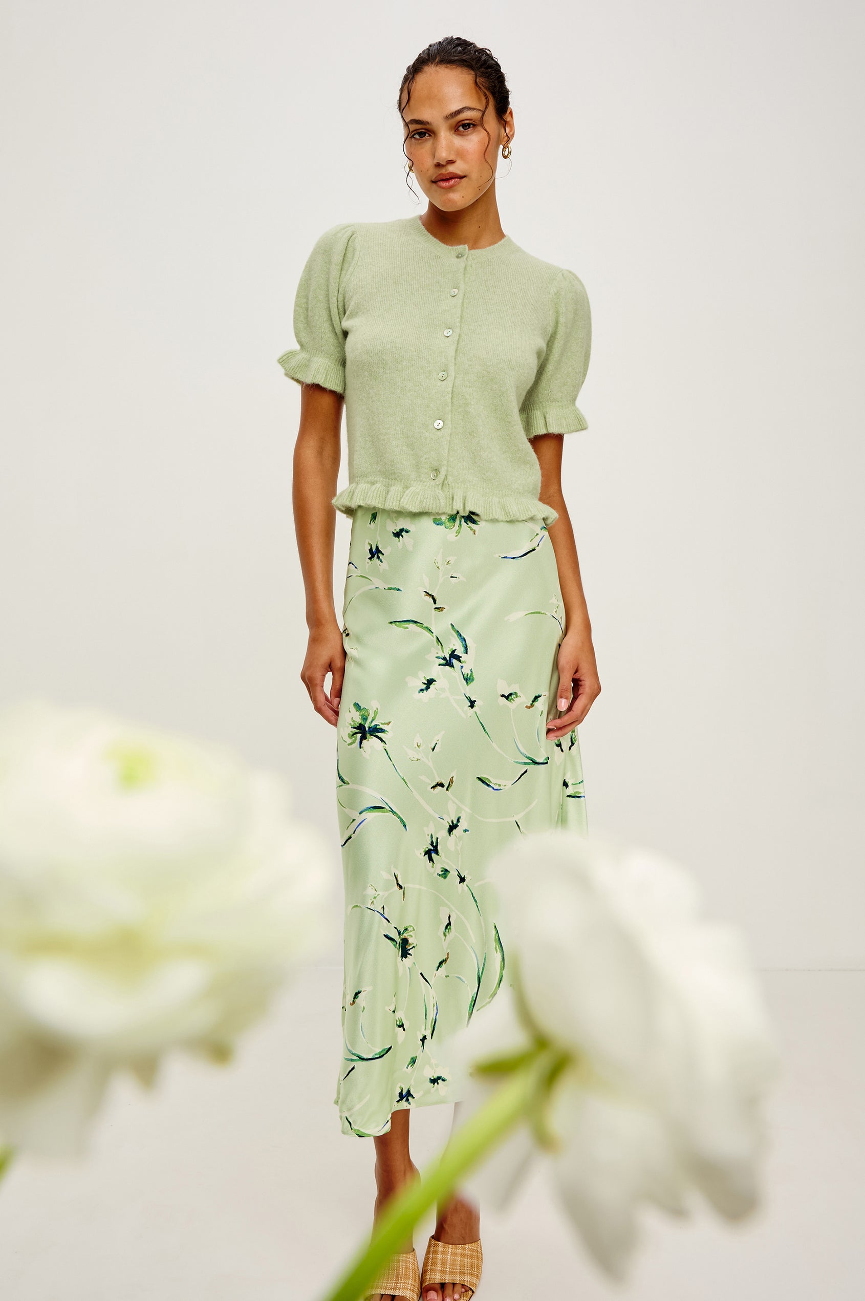 Anya High-Waisted Midi Skirt in Satin Crepe With Side Slit in Mint Linnea Colorway - Full Body Front View Featured on Model