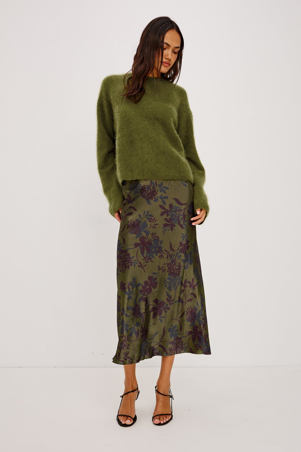 Anya Midi Skirt in Satin-Back Crepe, High-Rise Elastic Waistband, Pull-On FIt in Olive Dahlia ColorwayFull Body Front View Featured on Model.