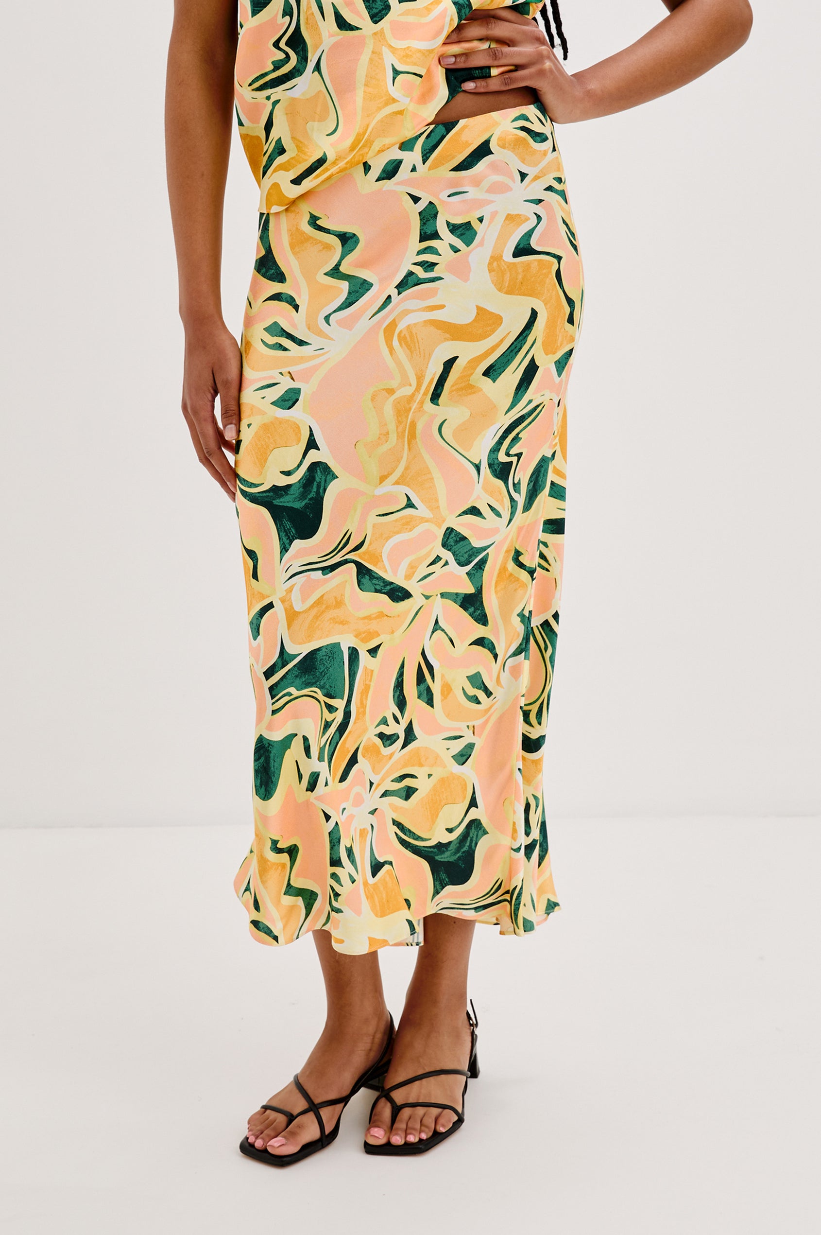 Anya Midi Skirt in Tulum Colorway. Front View Shown on Model.