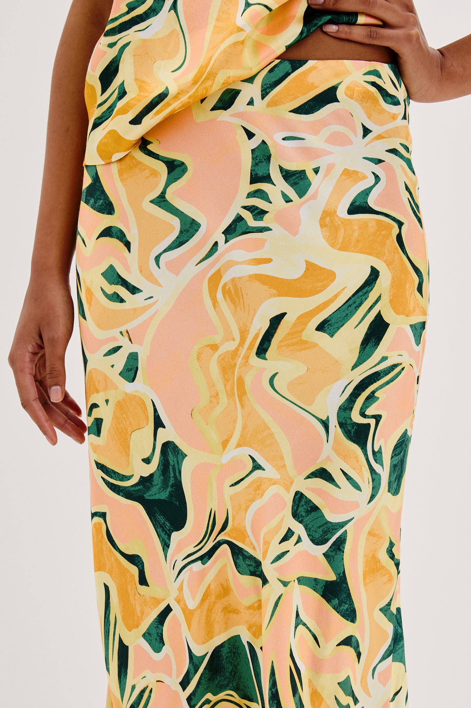 Anya Midi Skirt in Tulum Colorway. Front Detailed View Shown on Model.