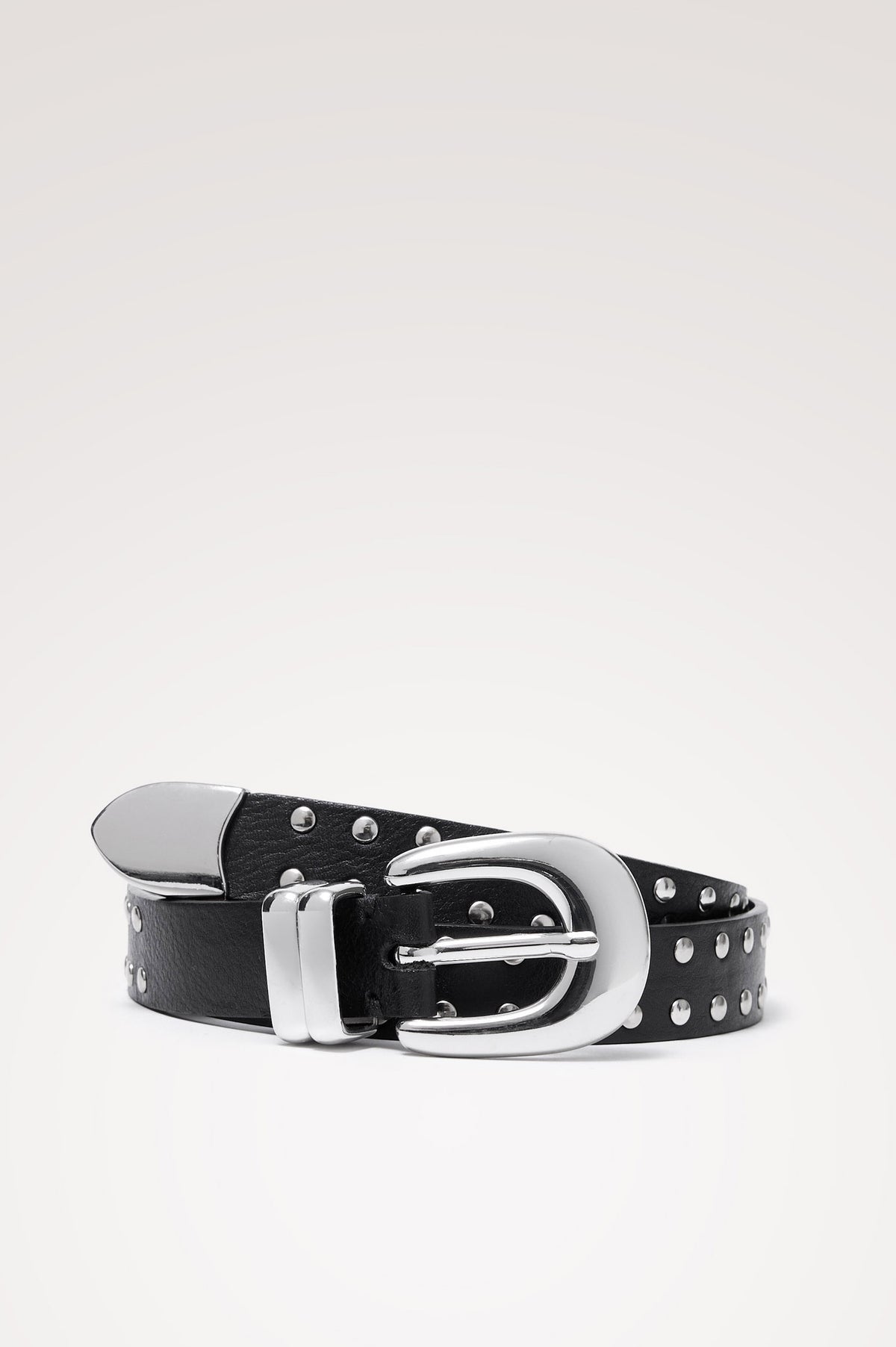 Argento Belt in Italian Leather With Tonal Stud Details and Polished Buckle in Black Silver Colorway - Front Product View Featured