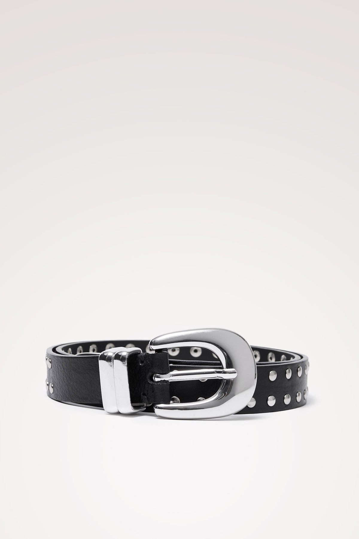 Argento Belt in Italian Leather With Tonal Stud Details and Polished Buckle in Black Silver Colorway - Front Product View Featured