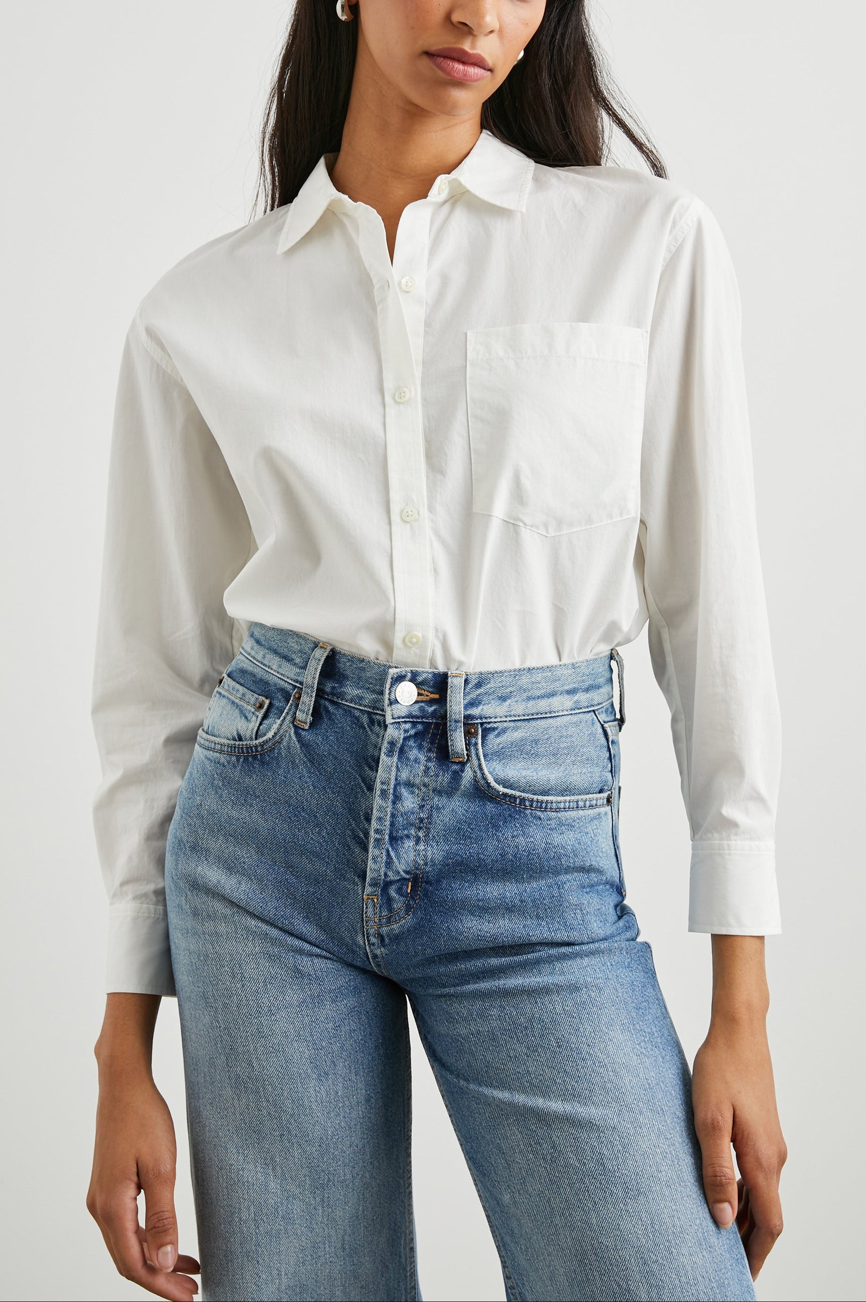 Arlo Long Sleeve Button Up with Chest Patch Pocket in White Colorway - Front Tucked View Featured on Model