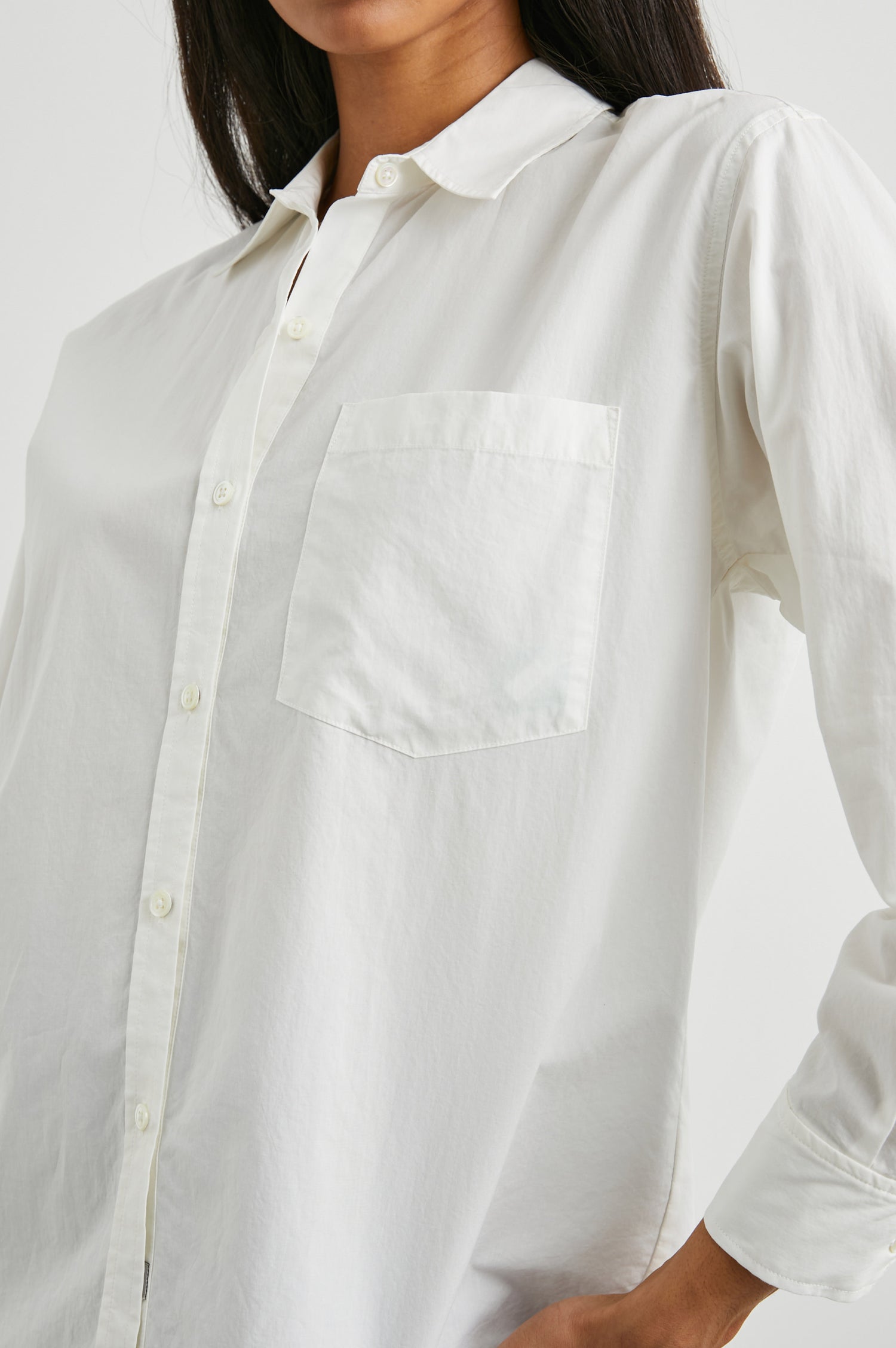Arlo Long Sleeve Button Up with Chest Patch Pocket in White Colorway - Front Tucked View Featured on Model