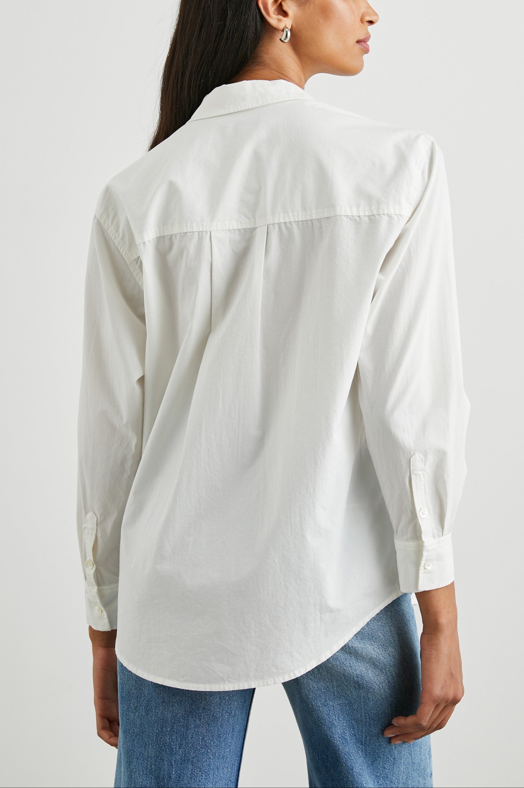 Arlo Long Sleeve Button Up with Chest Patch Pocket in White Colorway - Back View Featured on Model