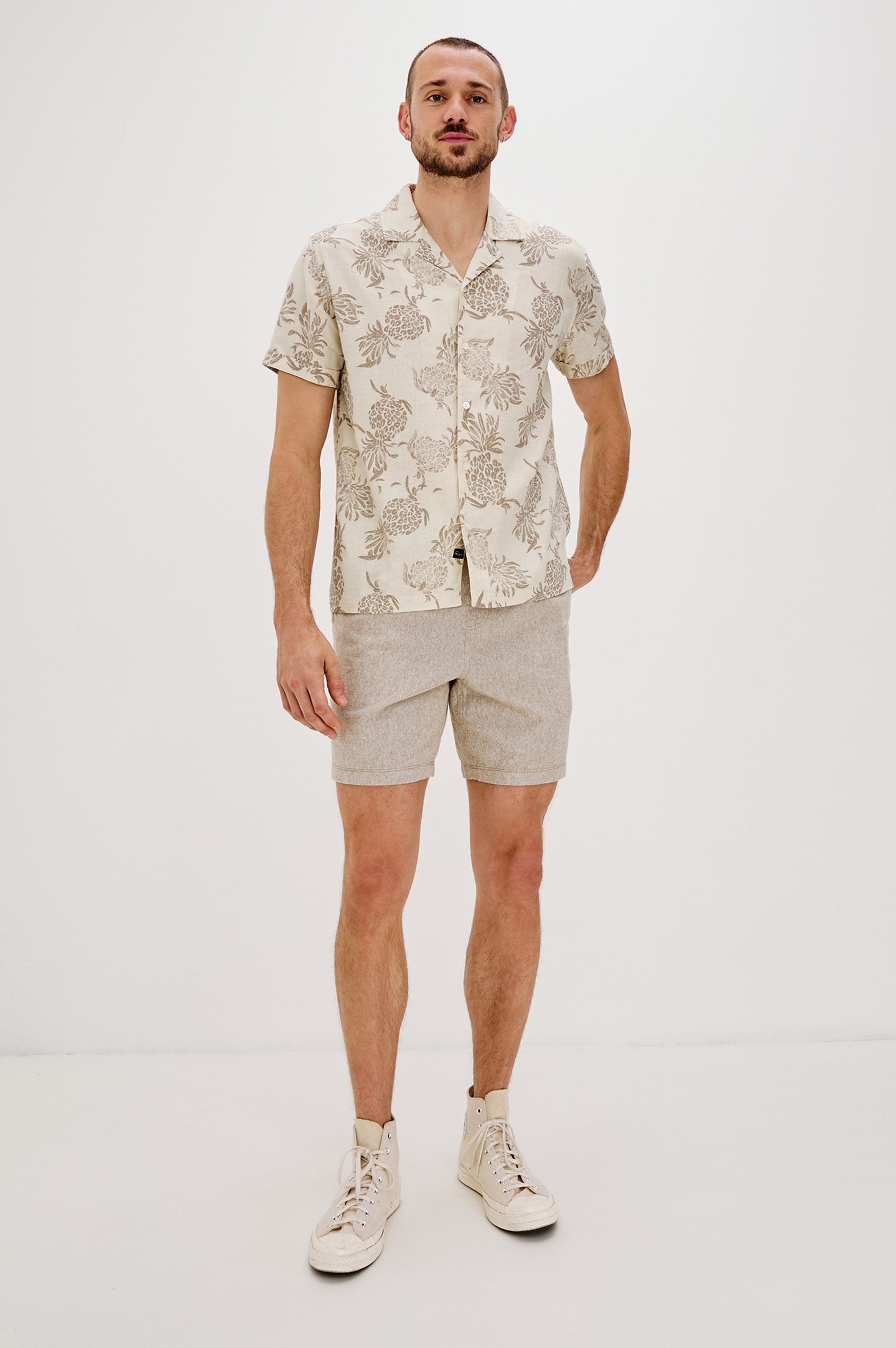 Atlas Printed Button Front Shirt with Short Sleeves, Flat Collar and Lapel in Pineapple Block Ecru Colorway. Front Full Body View Shown on Model.