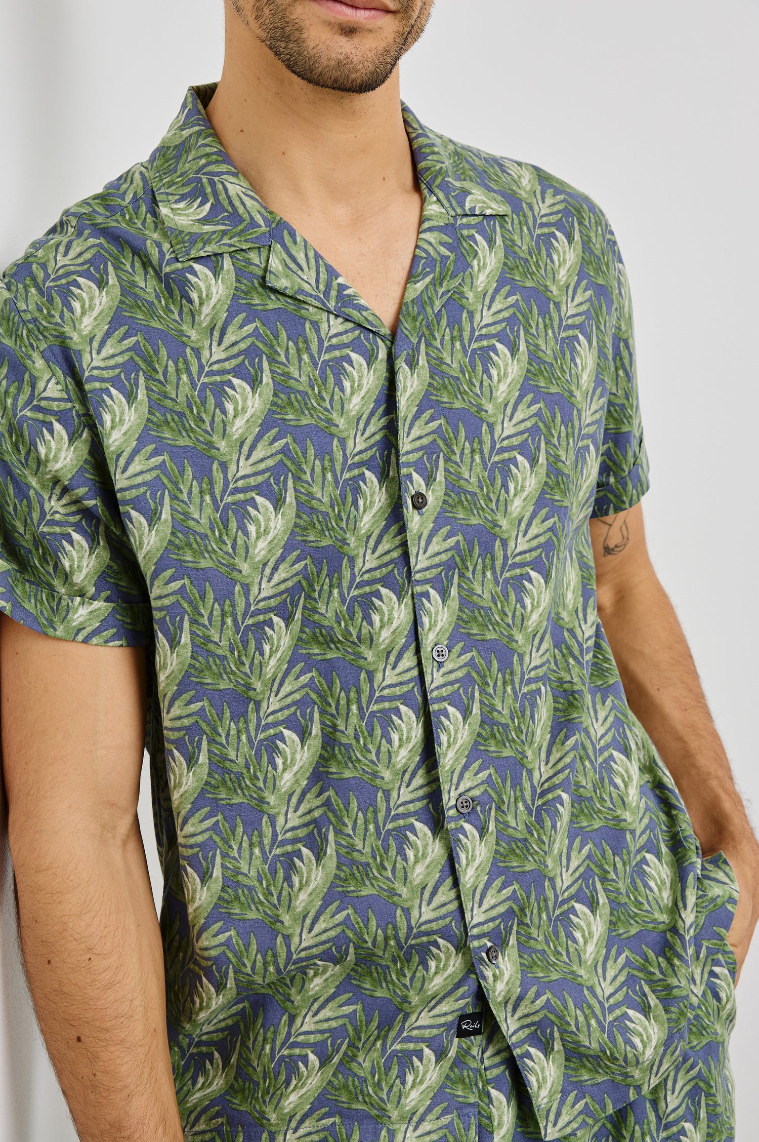 Atlas Collared Button Front Shirt with Short Sleeves in Slate Seaweed Colorway. Front View Shown on Model.