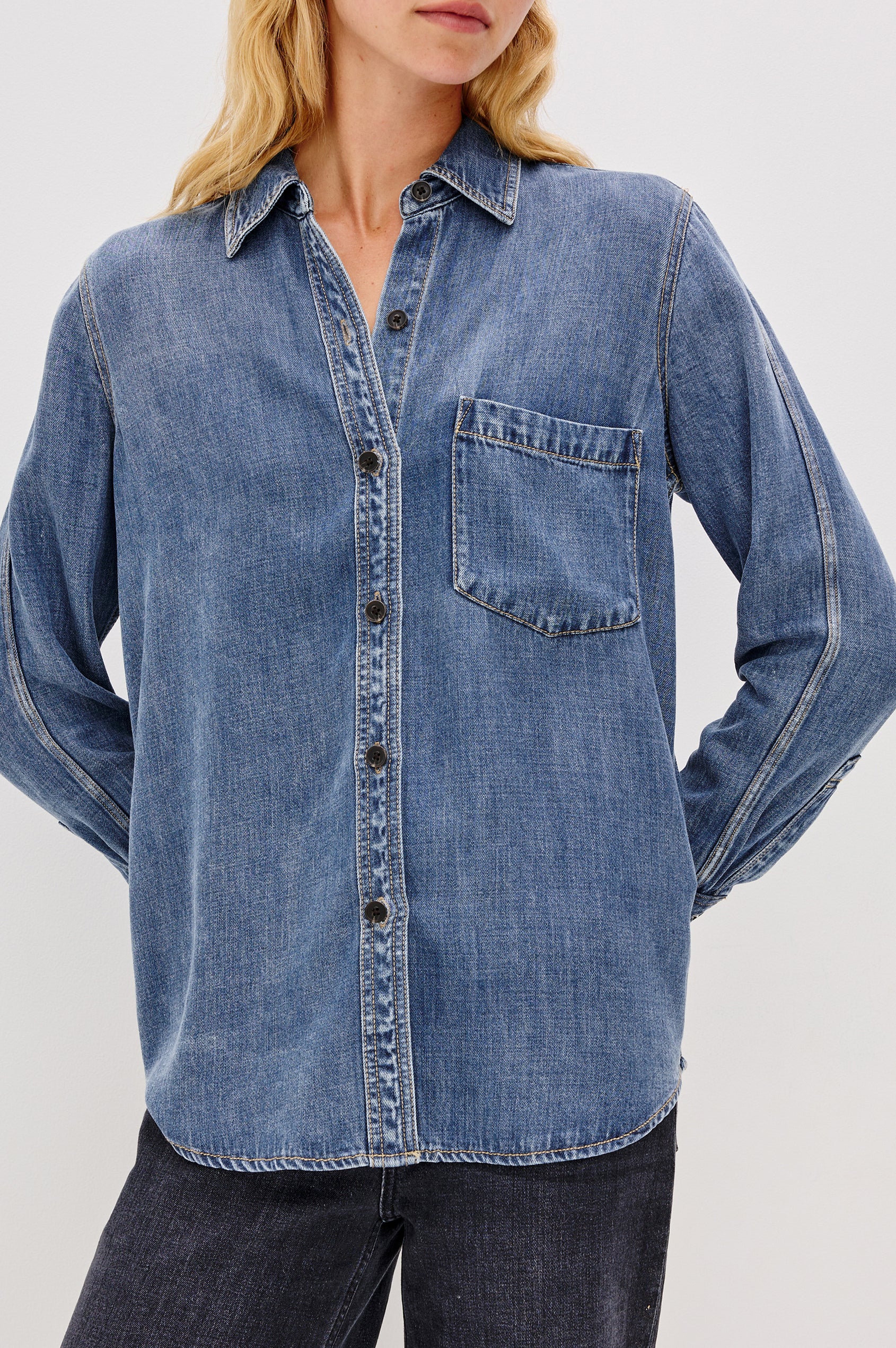 Atticus Long-Sleeve Denim Style Button Up with Chest Patch Pocket in Antique Blue Colorway - Close up of Details on Model