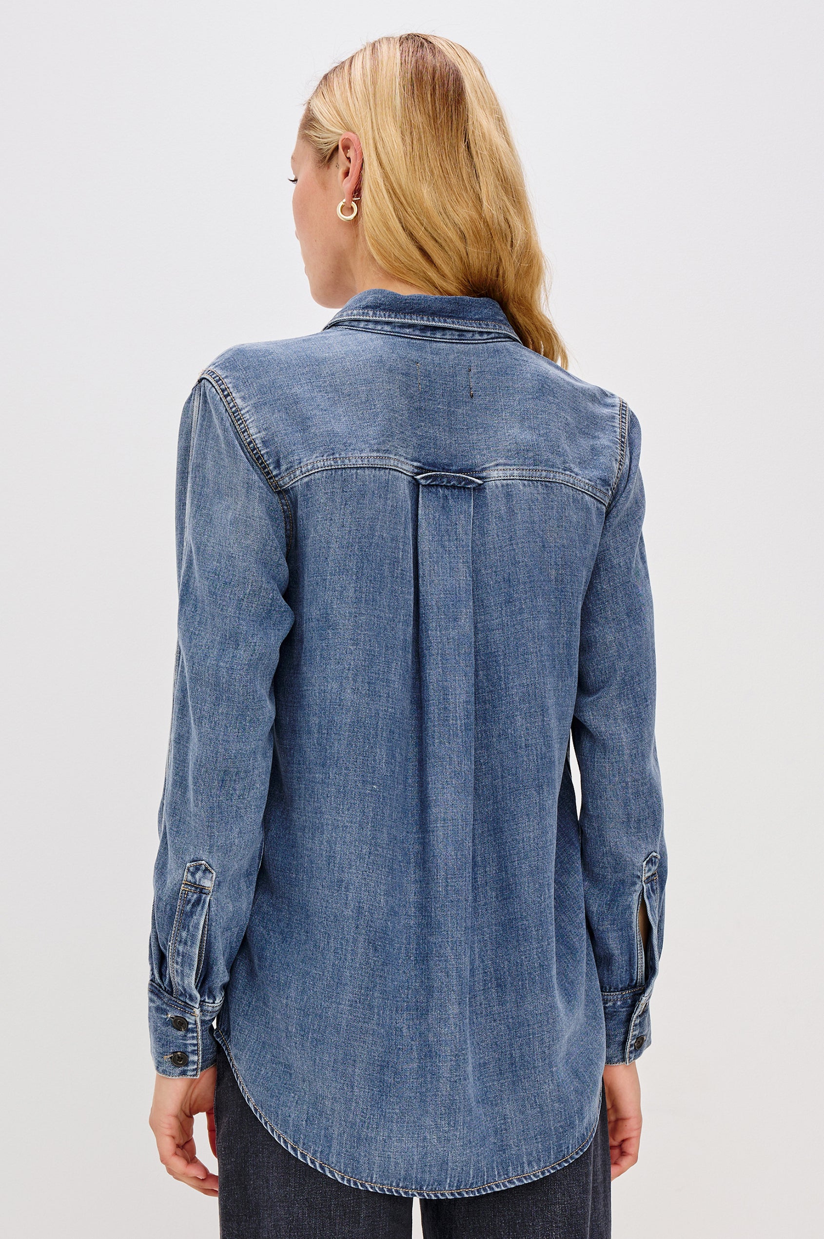 Atticus Long-Sleeve Denim Style Button Up with Chest Patch Pocket in Antique Blue Colorway - Back View Featured on Model