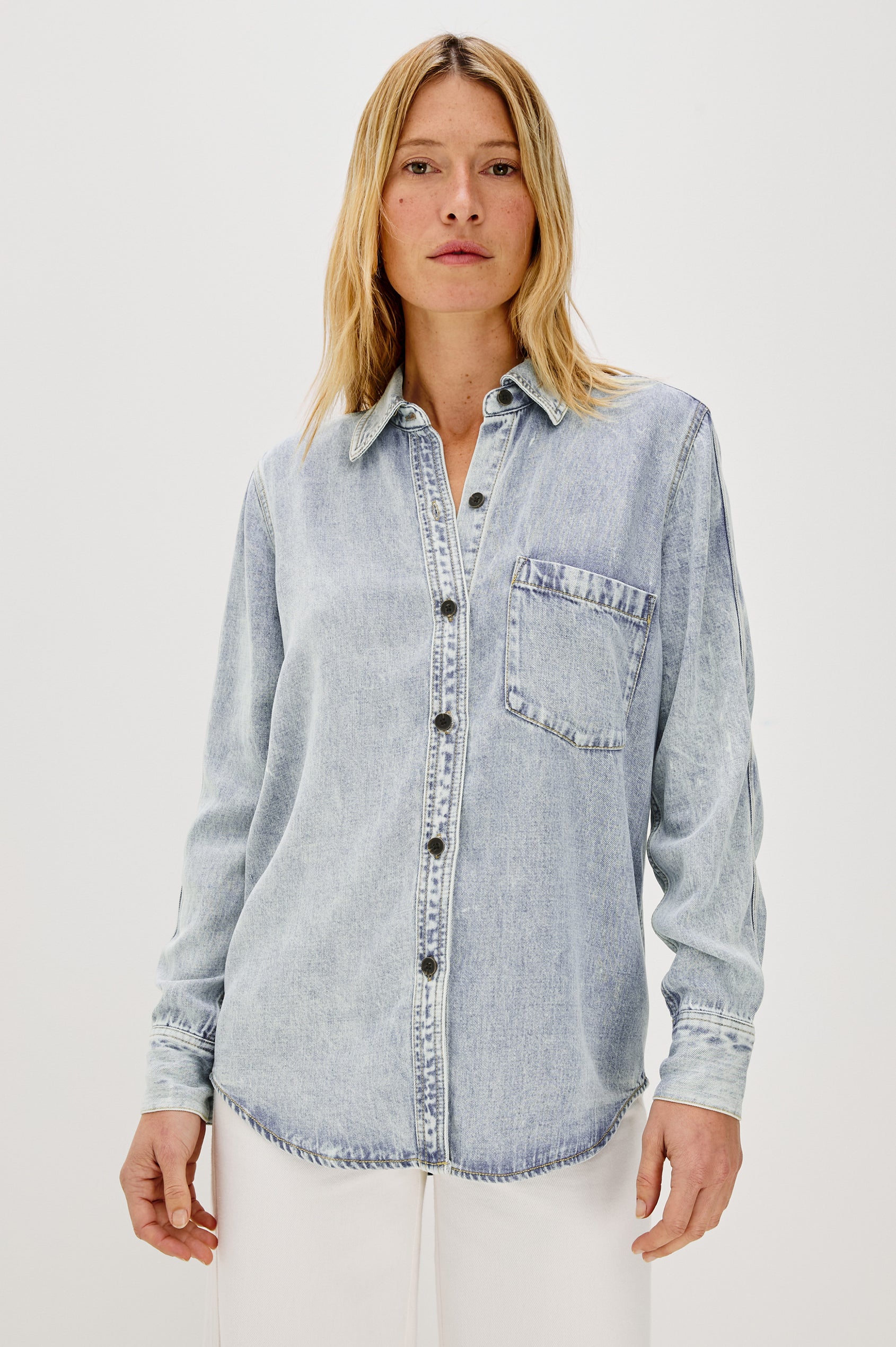Atticus Long-Sleeve Denim Style Button Up with Chest Patch Pocket in Bleached Indigo Colorway - Front View Featured on Model