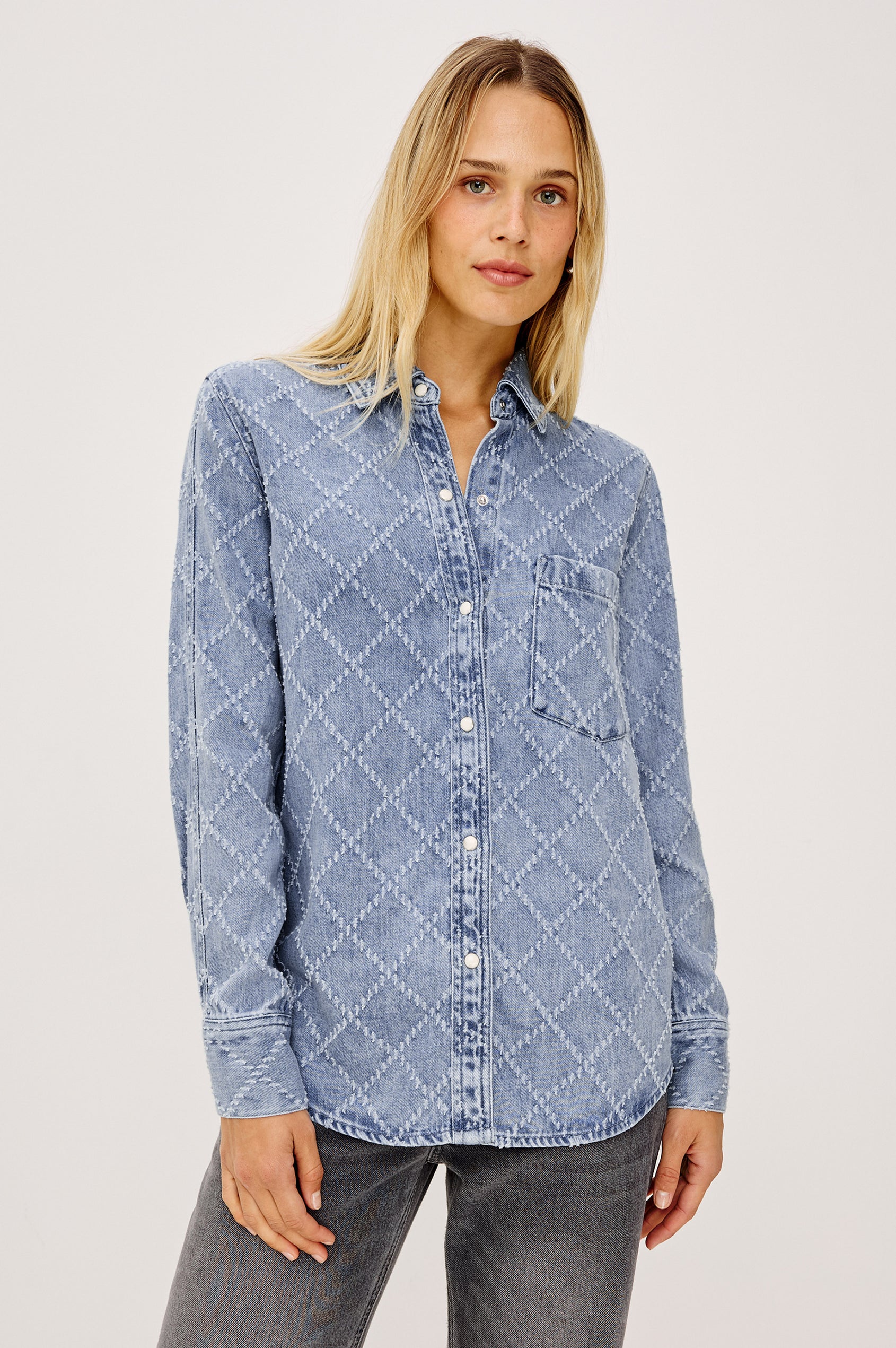 Atticus Shirt in Soft TENCEL™ Denim With Relaxed Fit, Point Collar, Front Button, and Long Sleeves With Flat-Felled Seams and Buttoned Cuffs in Diamond Distress Colorway - Upper Body Front View Featured on Model