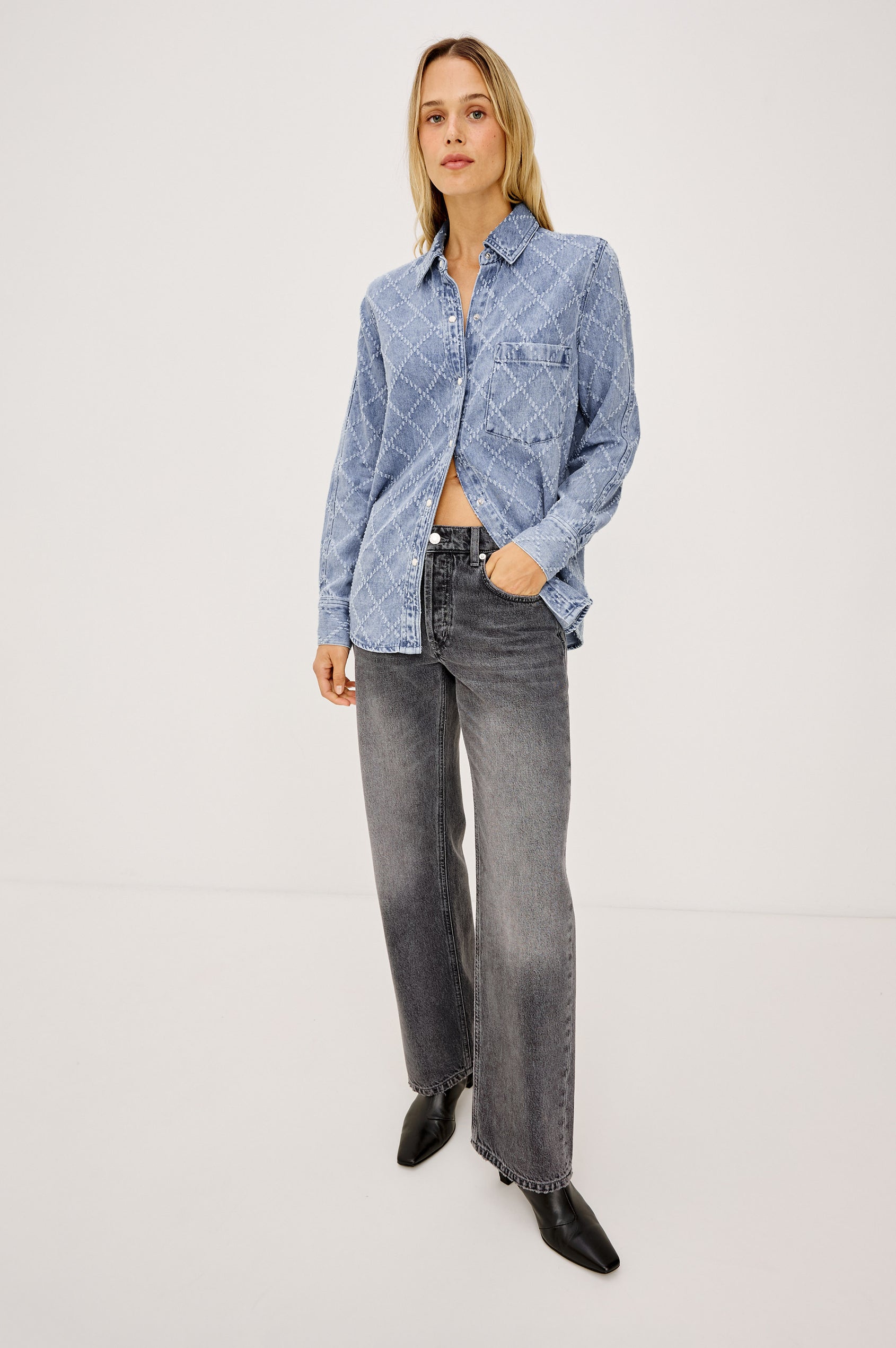 Atticus Shirt in Soft TENCEL™ Denim With Relaxed Fit, Point Collar, Front Button, and Long Sleeves With Flat-Felled Seams and Buttoned Cuffs in Diamond Distress Colorway - Full Body Front View Featured on Model
