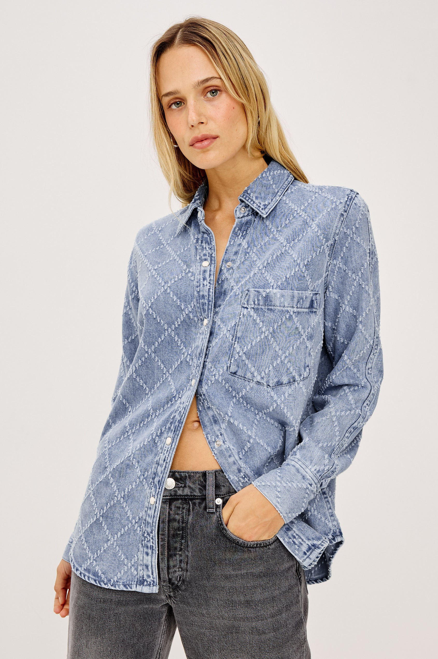 Atticus Shirt in Soft TENCEL™ Denim With Relaxed Fit, Point Collar, Front Button, and Long Sleeves With Flat-Felled Seams and Buttoned Cuffs in Diamond Distress Colorway - Upper Body Front View Featured on Model