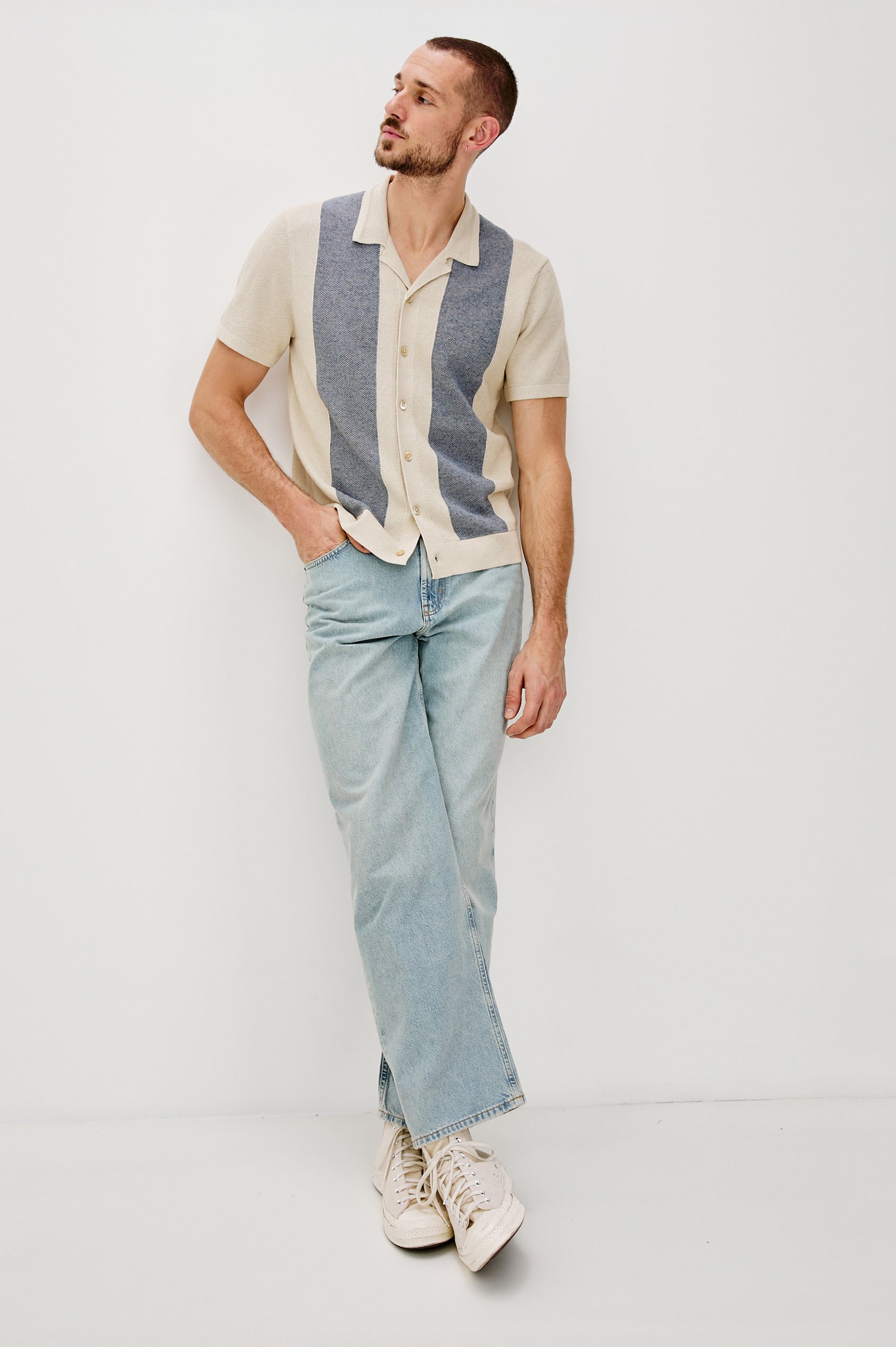 Atwood Button Front Knit Shirt with a Soft Open Lapel, Short Sleeves in Ecru Chambray Colorway. Full Body Front View Shown on Model.