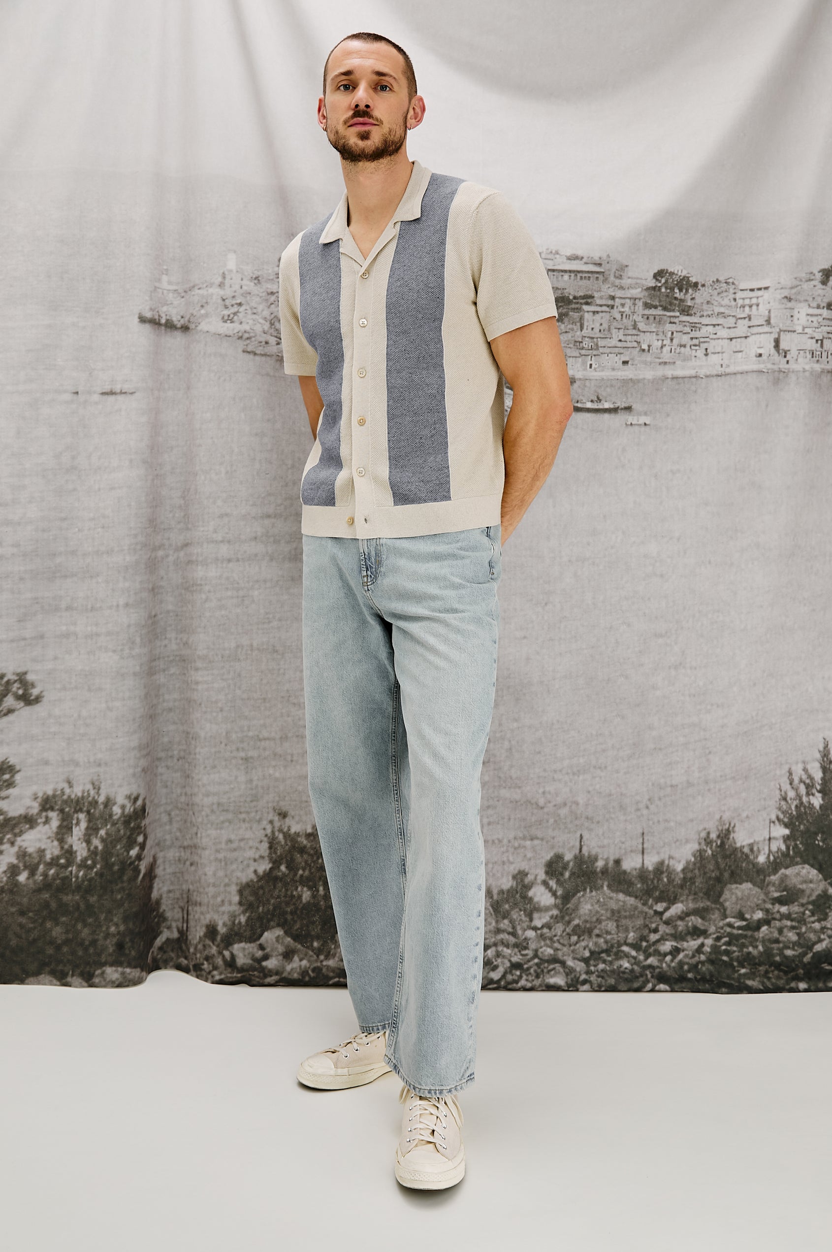 Atwood Button Front Knit Shirt with a Soft Open Lapel, Short Sleeves in Ecru Chambray Colorway. Full Body Front View Shown on Model.