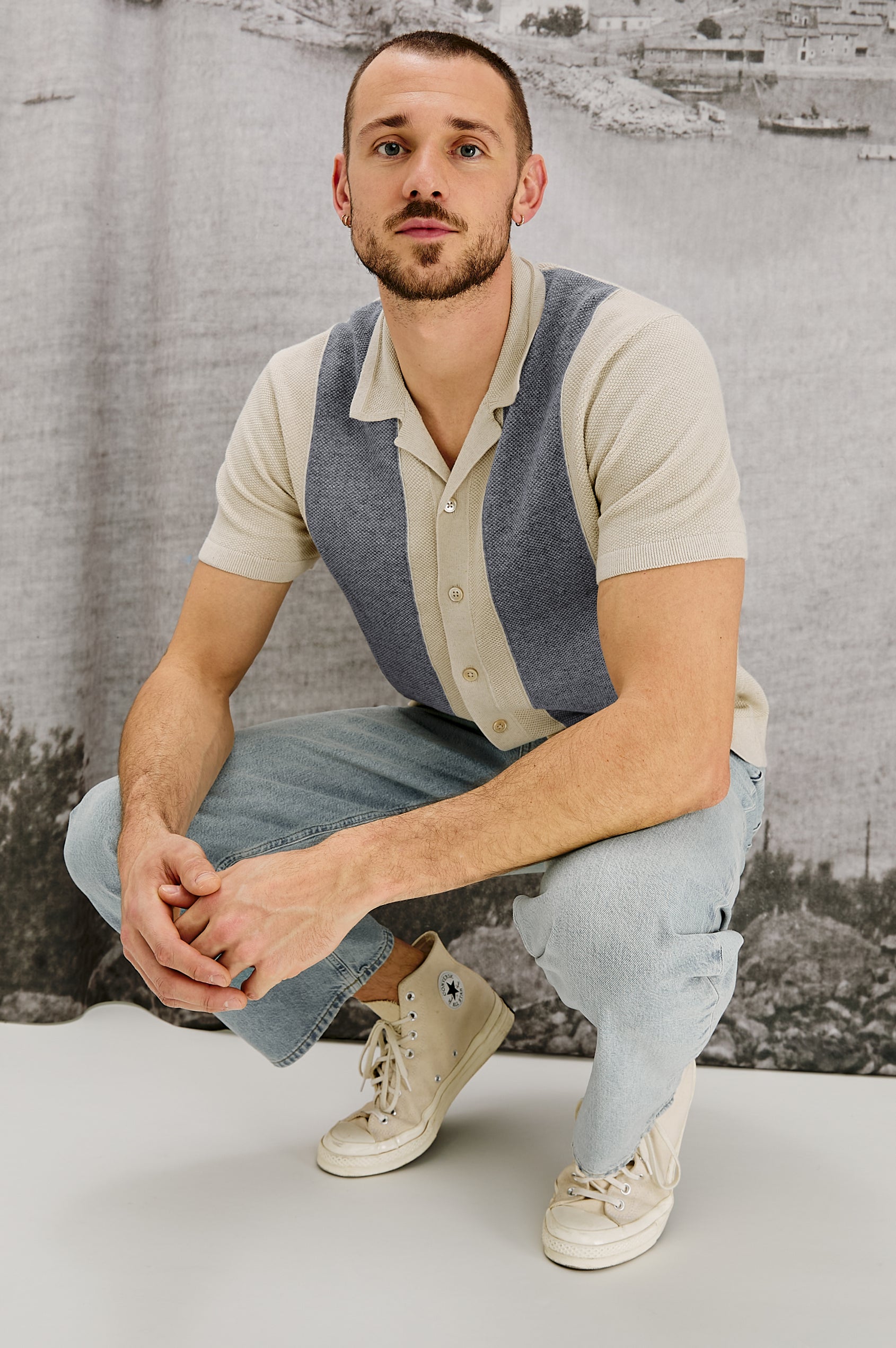 Atwood Button Front Knit Shirt with a Soft Open Lapel, Short Sleeves in Ecru Chambray Colorway. Front View Shown on Model.