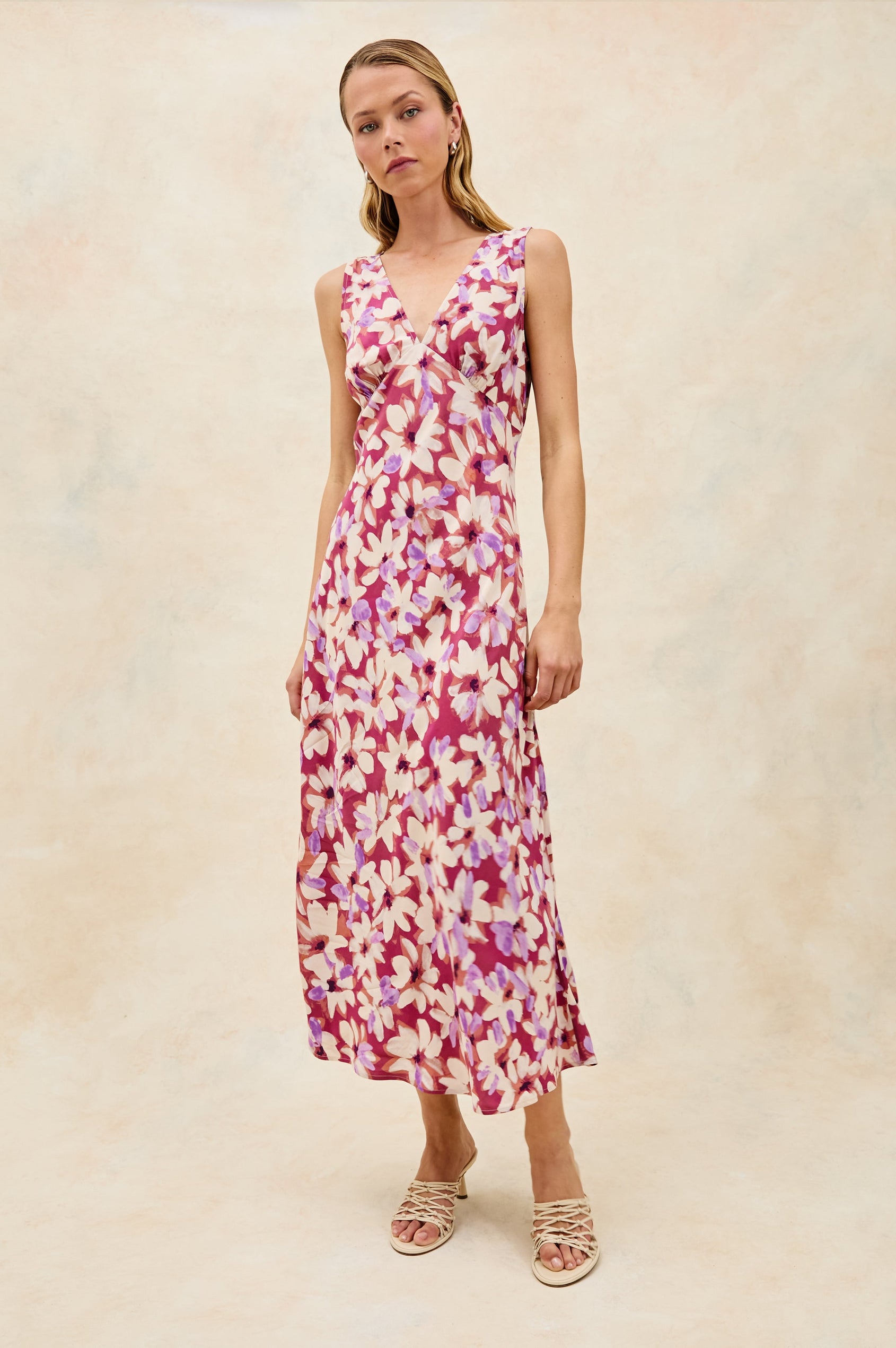 Audrina Sleeveless Midi Dress with Wide Shoulder Straps, a Deep V Neck and V-Back, and an Empire Waist in Amaranth Colorway - full body front view