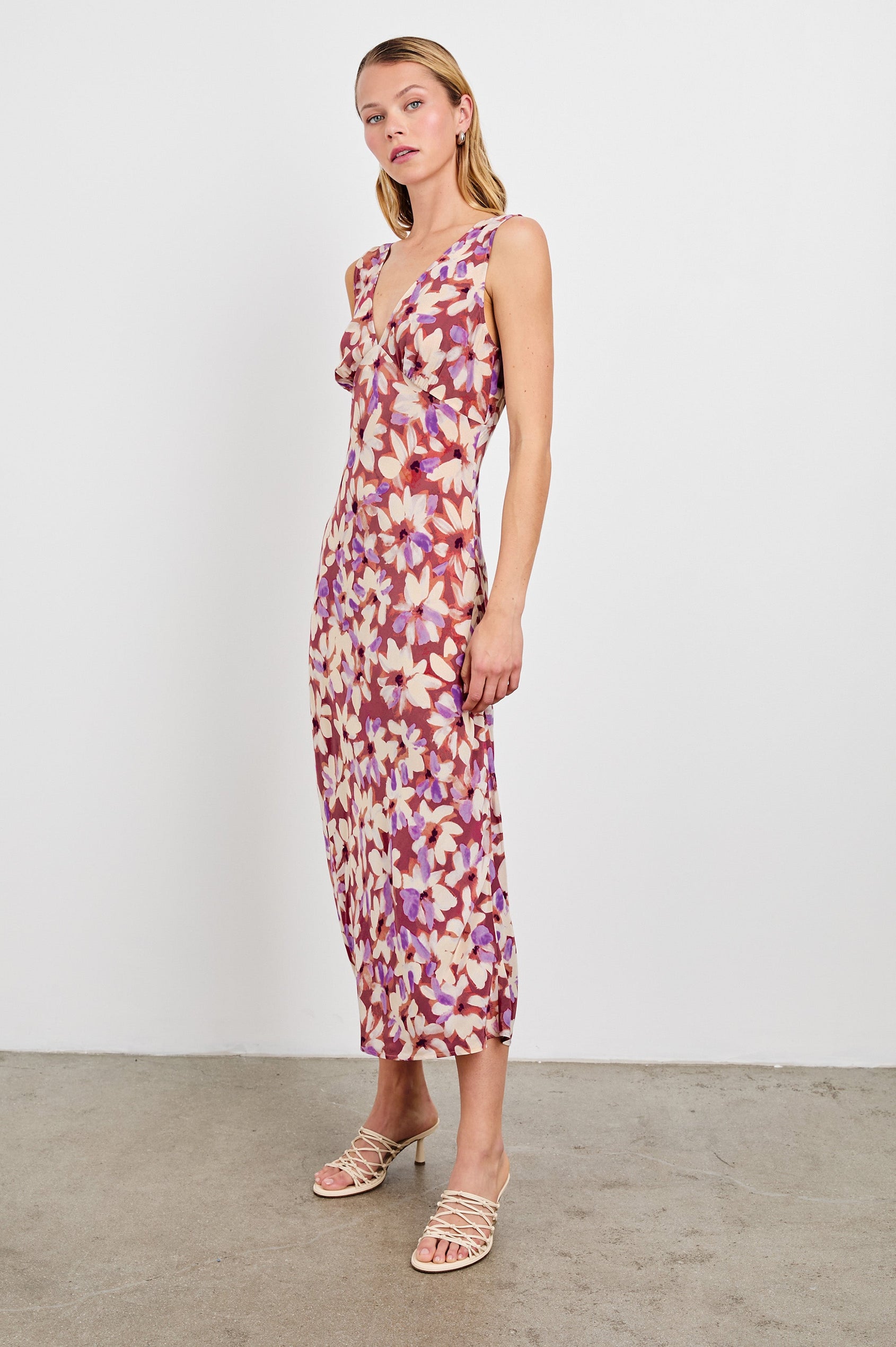 Audrina Sleeveless Midi Dress with Wide Shoulder Straps, a Deep V Neck and V-Back, and an Empire Waist in Amaranth Colorway - full body front view on model