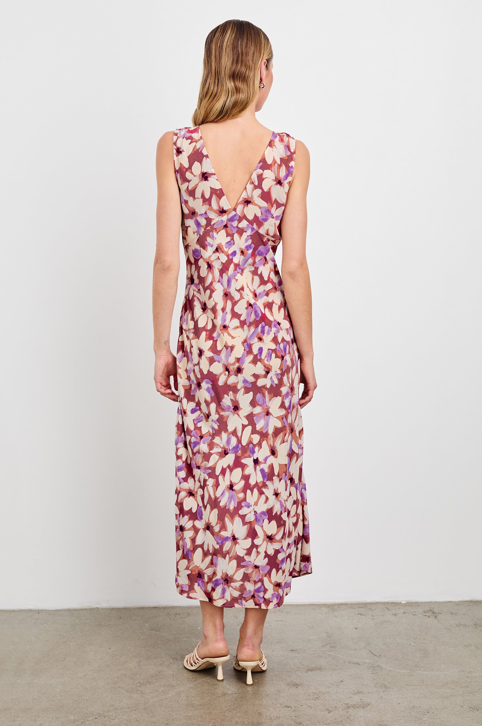 Audrina Sleeveless Midi Dress with Wide Shoulder Straps, a Deep V Neck and V-Back, and an Empire Waist in Amaranth Colorway - back view on model