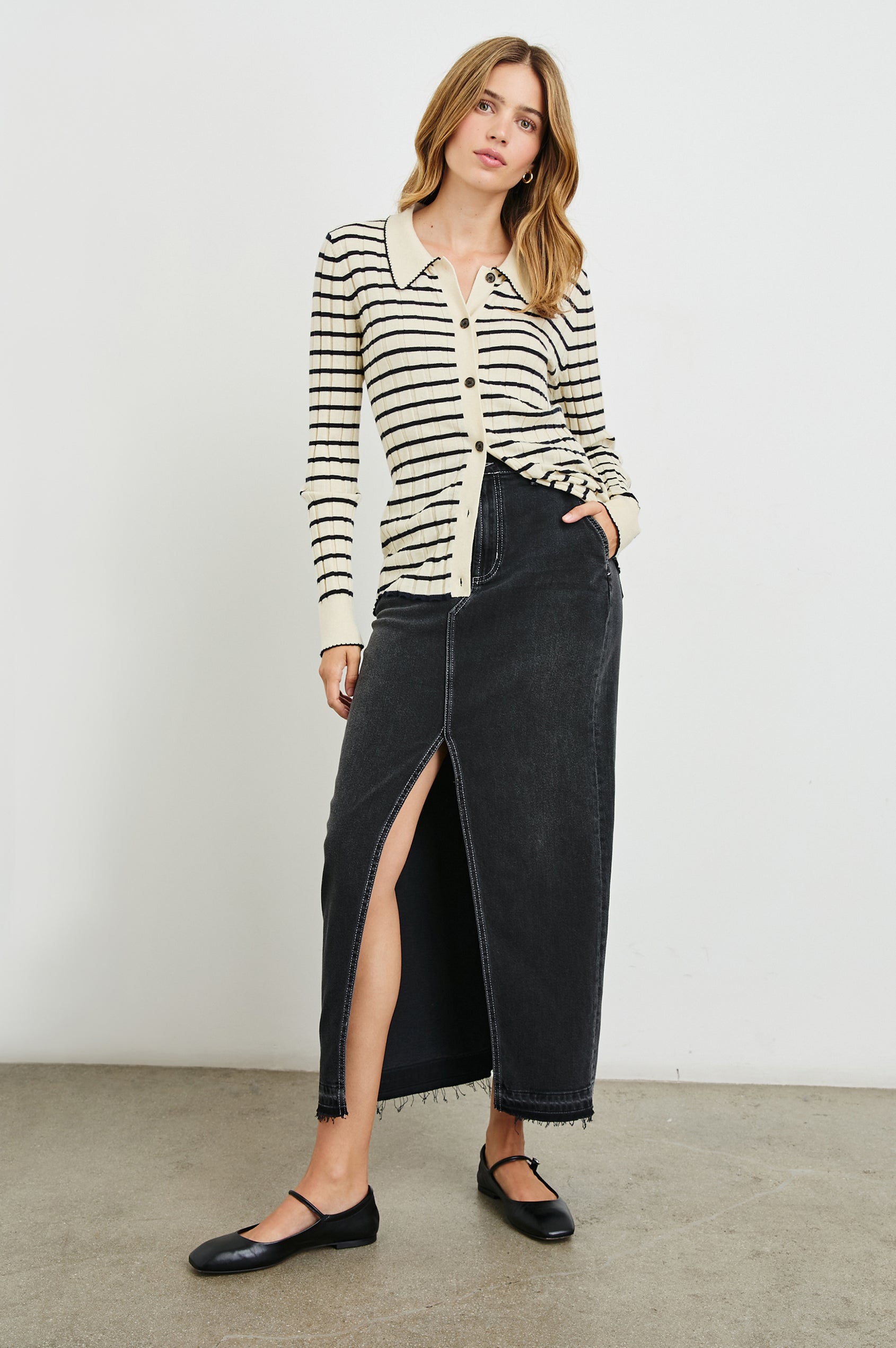 Aurelia Long-Sleeve, Wide Ribbed Top with Buttons Down the Front, a Collar and  Scalloped Stitching at the Collar and Cuffs in Ivory Navy Stripe Colorway - Horizontal Stripes - Front Full Body View Featured on Model 