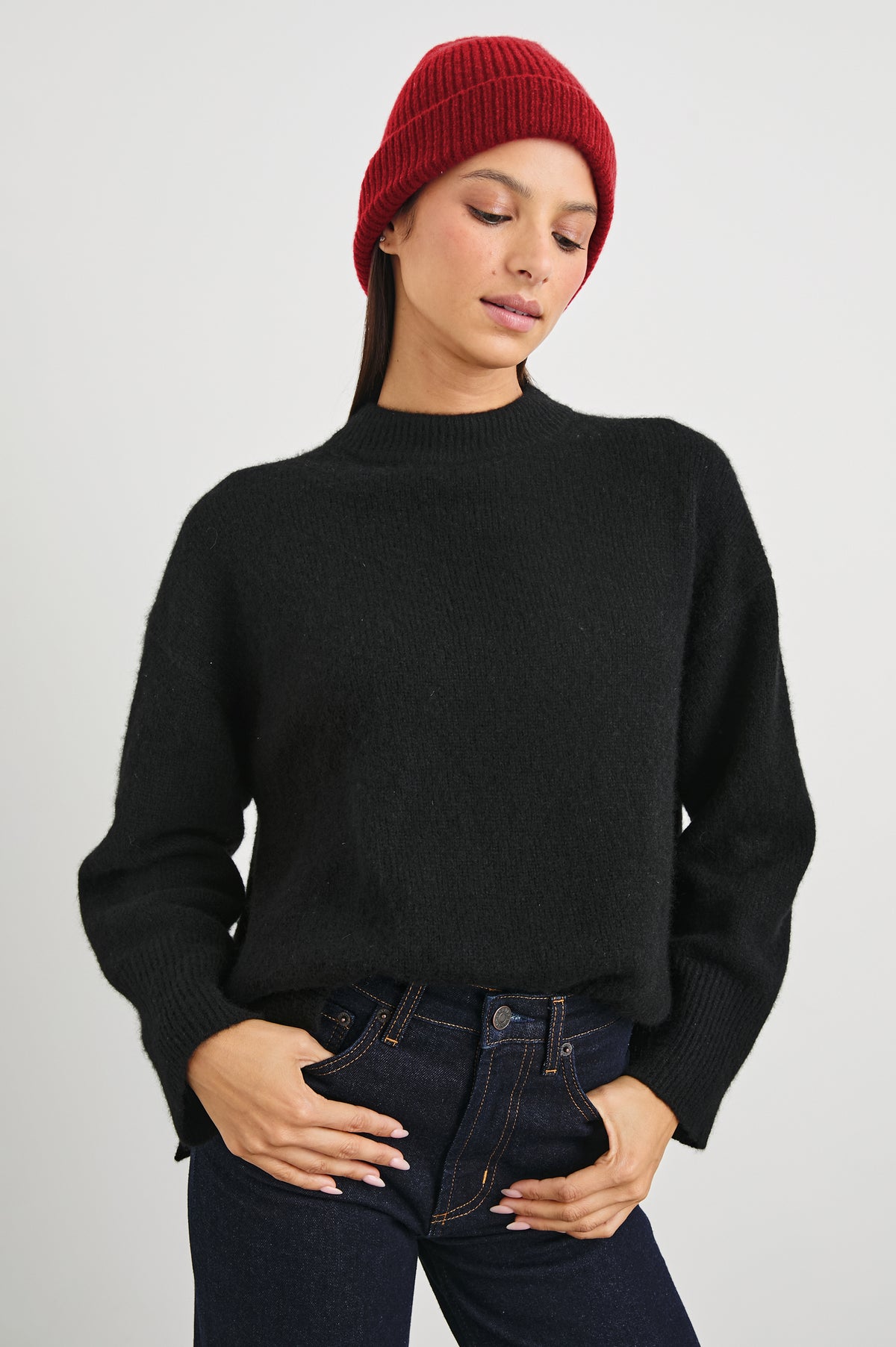Autumn Cashmere Silk Cuffed Beanie in Merlot Colorway - Front View Featured on Model