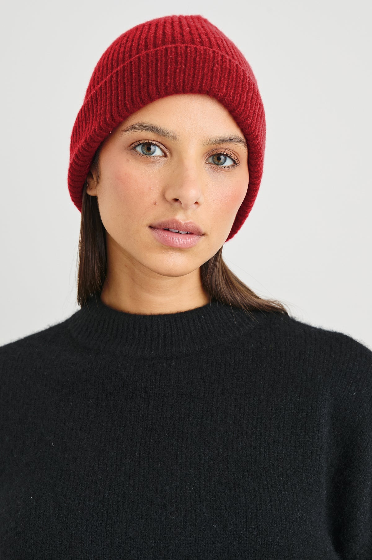 Autumn Cashmere Silk Cuffed Beanie in Merlot Colorway - Front View Featured on Model