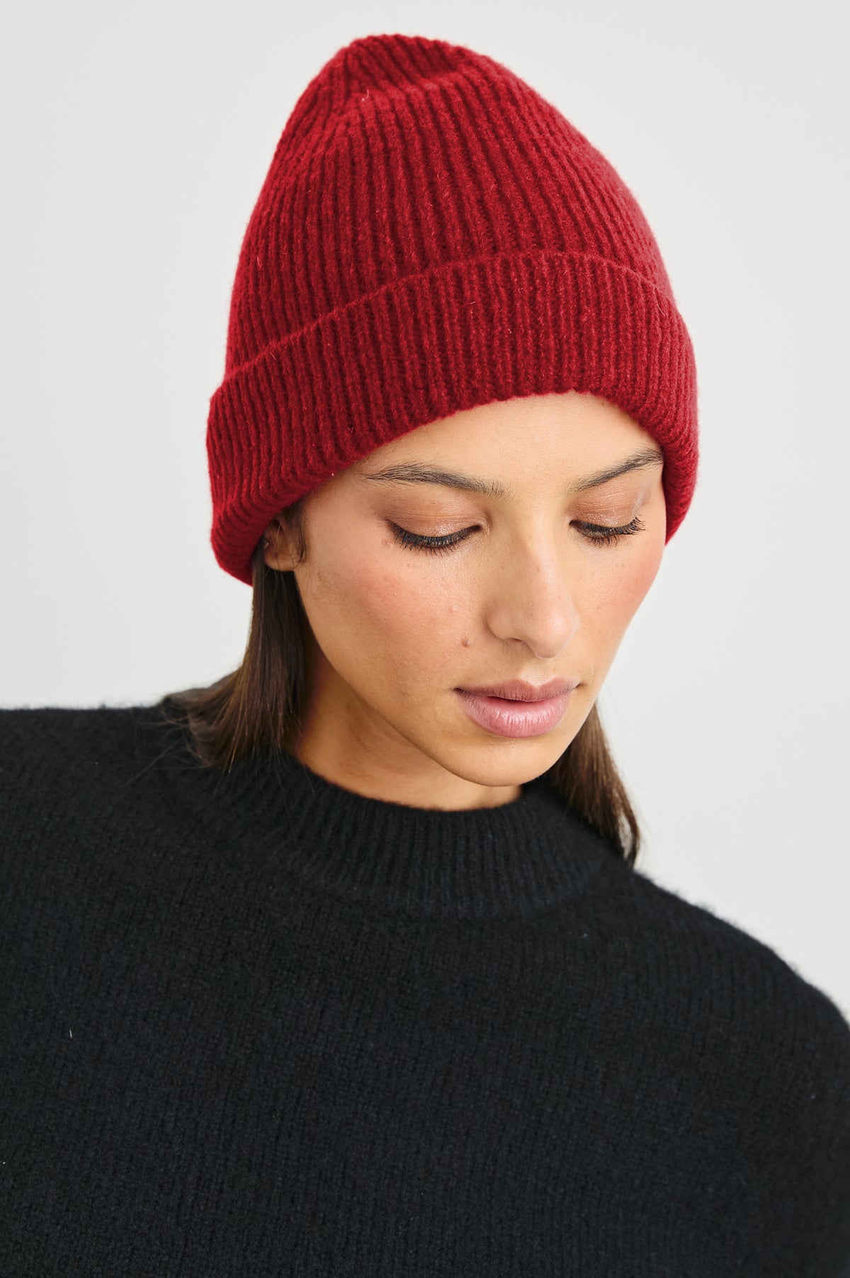 Autumn Cashmere Silk Cuffed Beanie in Merlot Colorway - Front View Featured on Model