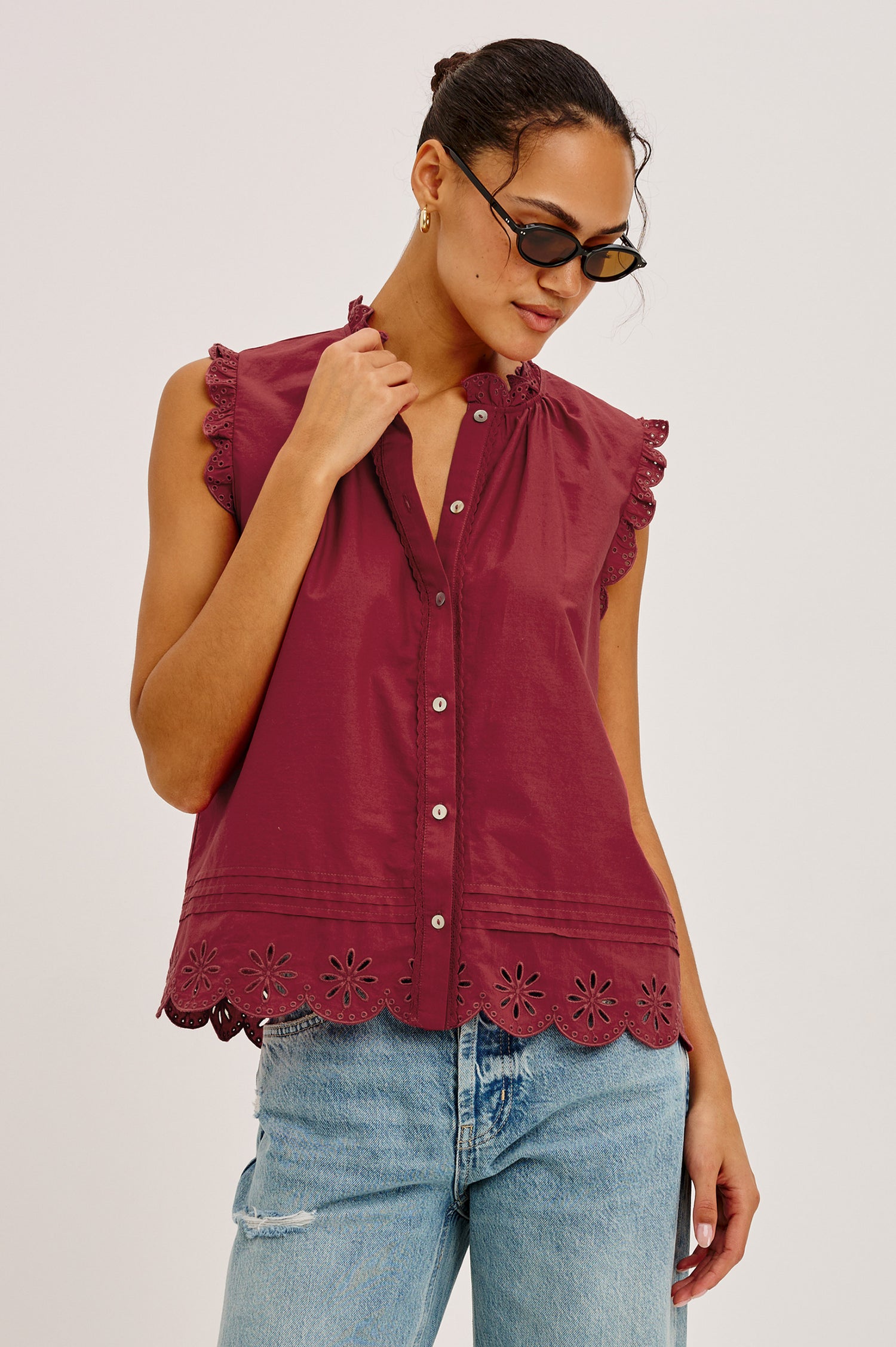 Avery Sleeveless Top in Cotton Voile With Scalloped Embroidered Trim, Front Buttons, and Relaxed Fit in Spice Colorway - Upper Body Front View Featured on Model