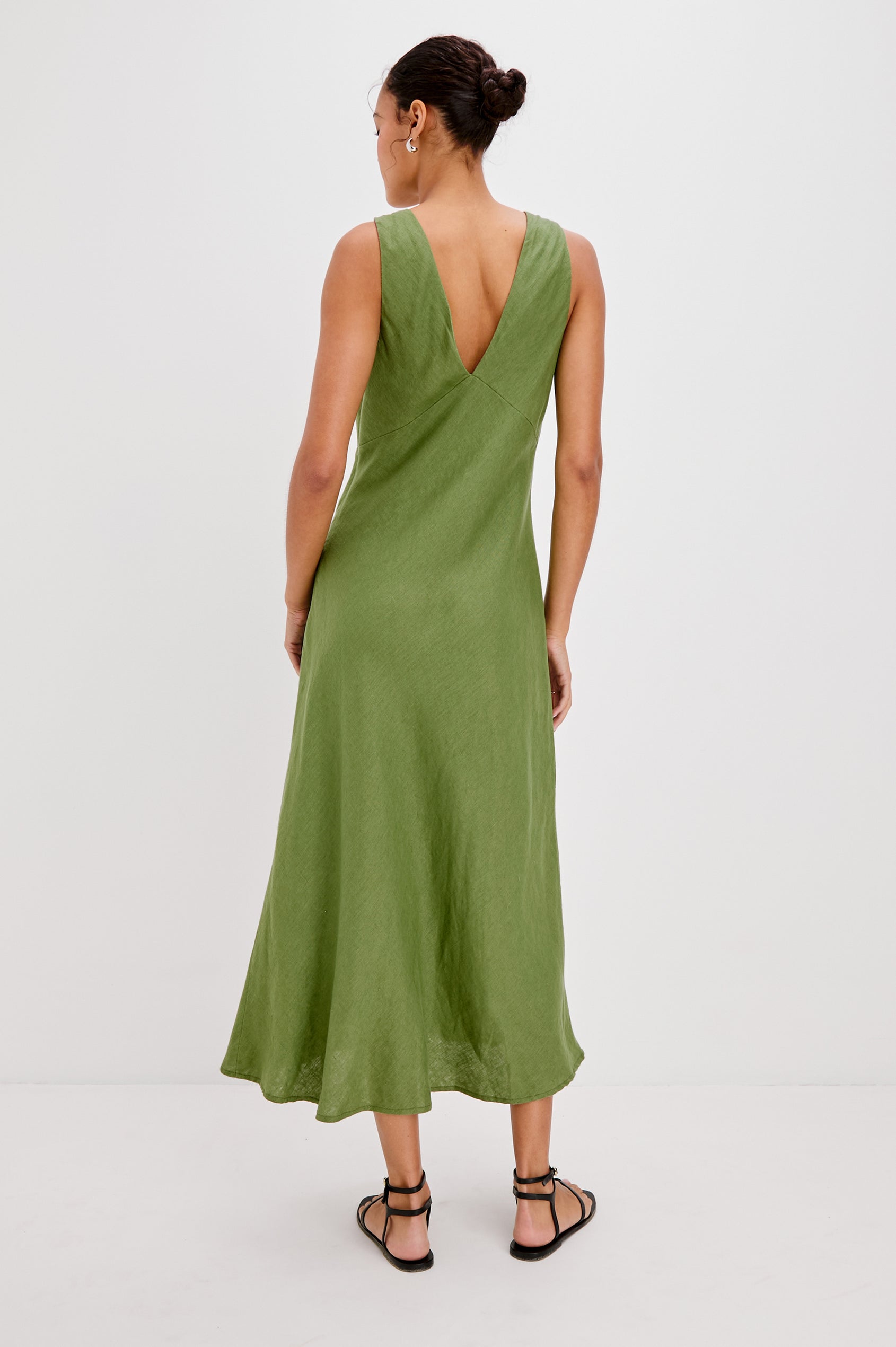Avianna Midi V-Neck Tank Dress with A-Line Skirt in Dill Colorway. Full Body Back View Shown on Model.